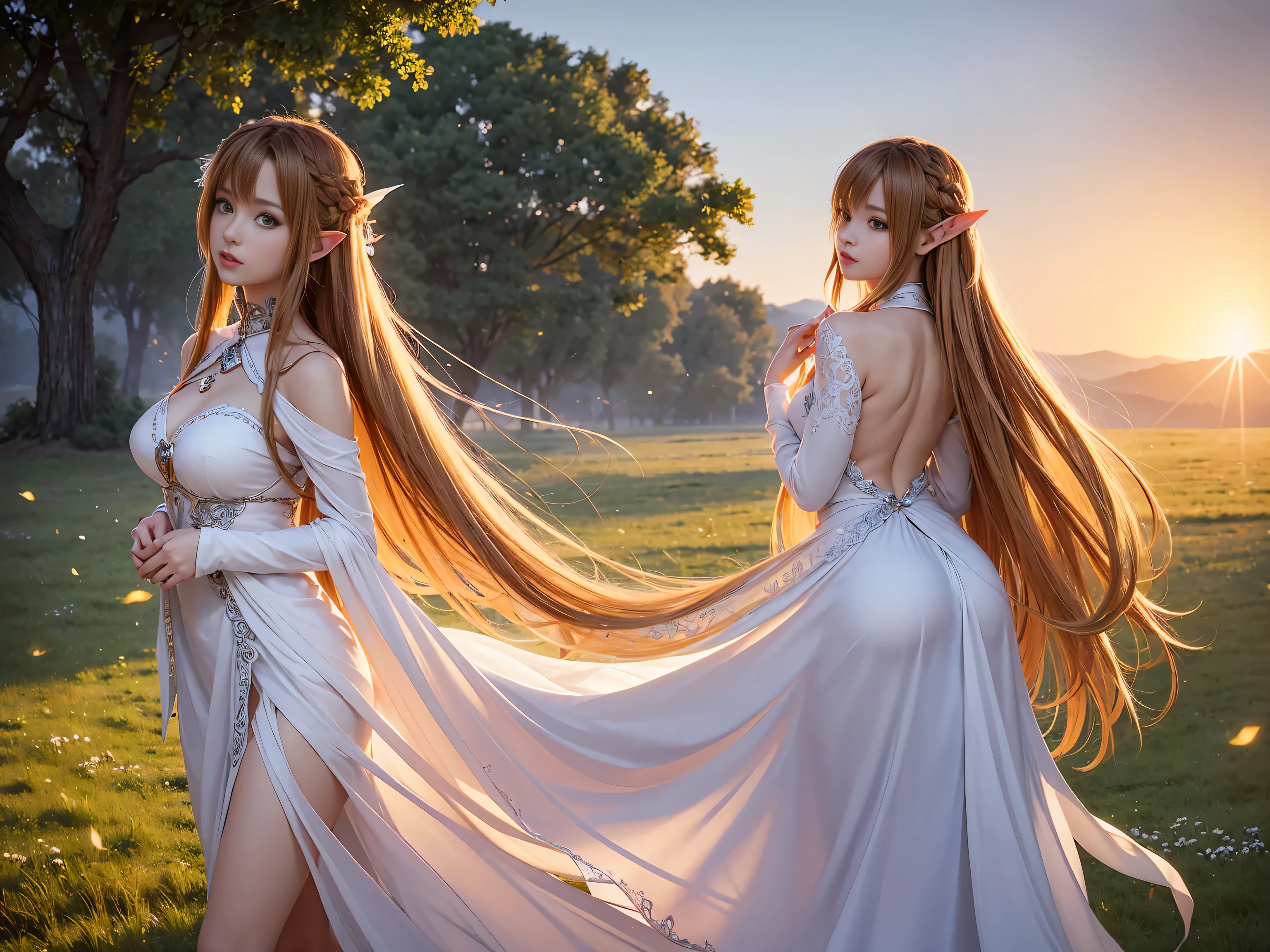 A graceful elf girl stands in a meadow, her delicate features illuminated by the soft light of the setting sun. Her long, flowing hair cascades down her back, adorned with intricate braids and adorned with sparkling jewels. This stunning painting captures the ethereal beauty of elves. Her slender figure in a silk dress sways in the soft meadow breeze. The artist's attention to detail is evident in the intricate patterns of her dress and the subtle highlights of her luminescence. skin. This breathtaking depiction of an elf girl exudes a sense of enchantment and transports the viewer to a magical world. The beautiful elf magician is awe-inspiring as she holds a magician's staff, uses fireball magic, and is about to defeat the Demon King with explosion magic., If you pull up your skirt, you can see your see-through panties and it will be embarrassing., (A superb exquisite Asuna Yuuki),(Asuna Yuuki:1.5), long hair, brown hair, streaked hair, brown eyes, star-shaped pupils, straight bangs, solo, nature, extremely delicate, straight facial features, peerless beautiful girl, soft, (sensual face), ((ecchi face)), dreamy quality, exaggerated facial features, solid color, frank holly, delicate face, bright lips, slender waist, soft curves, real light and shadow, super fine, 4k, natural moving, Ultra high resolution, (masterpiece:1.2, best quality), (finely detailed beautiful eyes: 1.2), (beautiful detailed face), detailed anime artwork, clean detailed anime art, detailed digital anime art, detailed anime art, beautiful anime portrait, beautiful anime girl, beautiful anime artwork, beautiful anime art, beautiful anime style, detailed portrait of anime girl, anime girl, beautiful anime, anime illustration,Medium chest, slender body,