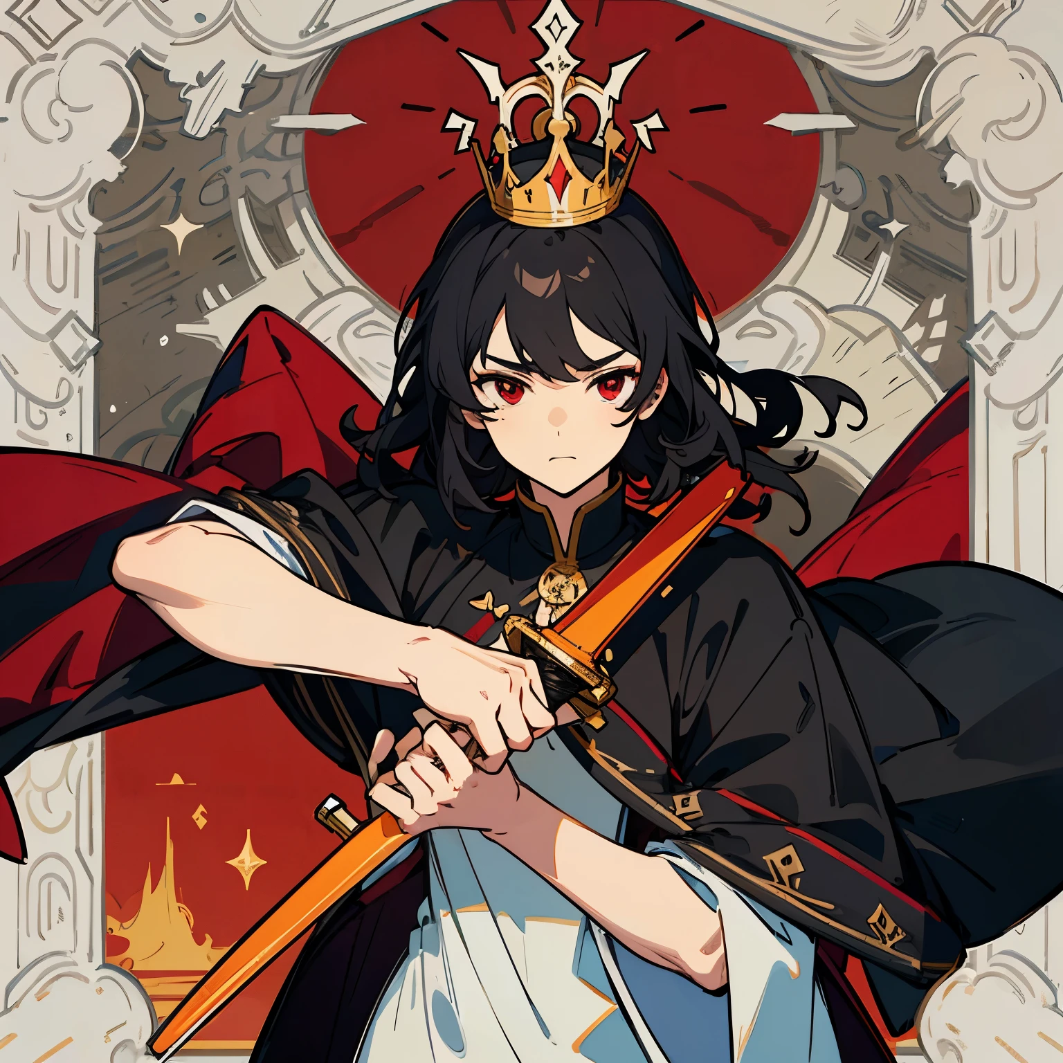 man, red eyes, black hair, handsome, wearing noble clothes with a crown and holding a sword in his left hand, the coronation room as the background.