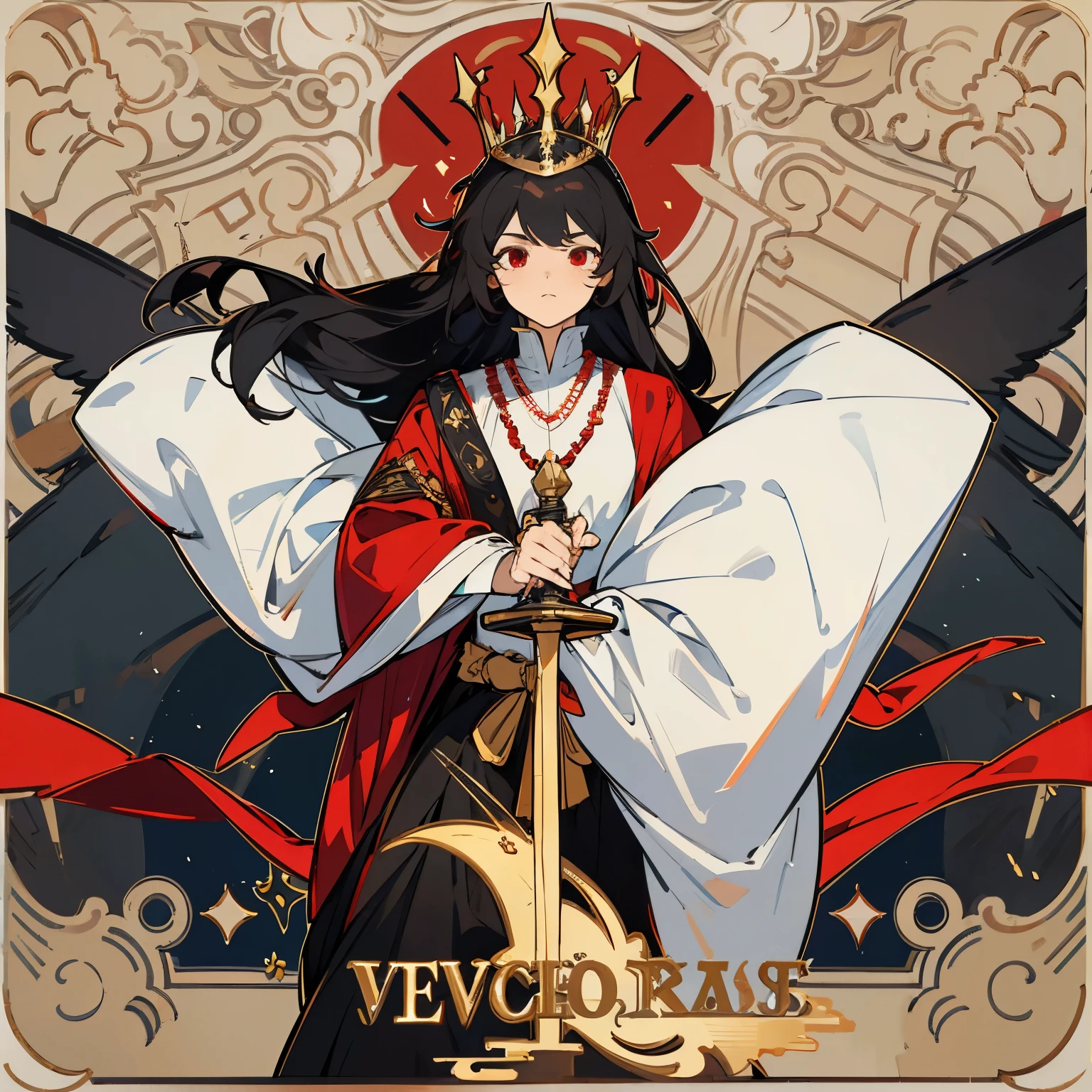 man, red eyes, black hair, handsome, wearing noble clothes with a crown and holding a sword in his left hand, the coronation room as the background.