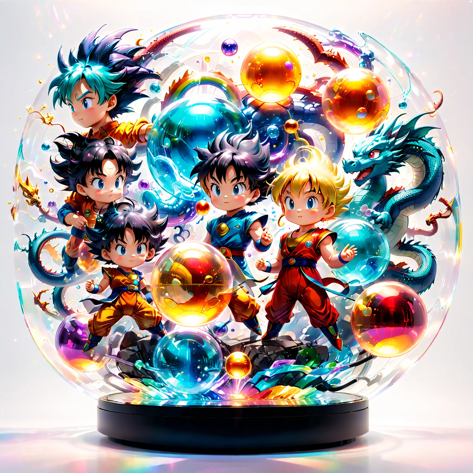 (Blind box toy style:1.2)，retro cyberpunk，Surrealism，Arthur C. Clark Effect，transparent body，whole body, White background, (In Dragon Ball，The scene where Sun Wukong and Bulma met when they were young at Baozi Mountain，Little Goku is handing the four-star dragon ball to Bulma，Showing the innocence of childhood and the warmth of friendship), 3d，Caustics，Transparent glass texture，rainbow colors，Designed by Dieter Rams，Simple，sparkling details，White background，industrial design，Studio lights up，C4D，octane rendering，clean shadow，8K，beautiful artwork，magical items，With mysterious cosmic energy
