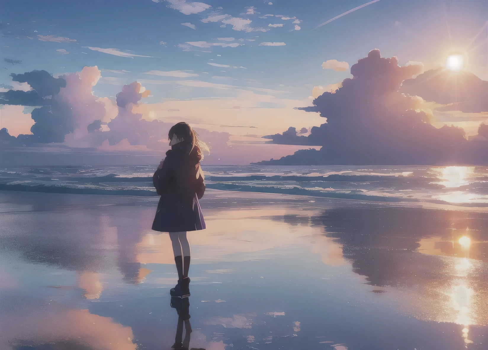 1 girl,cloudy_null,slope_null, horizon,Ocean, orange_null, purple_null, red_null, reflection, scenery,sun, sunlight,,masterpiece,highest quality,Super detailed, perfect lighting,reflection,
