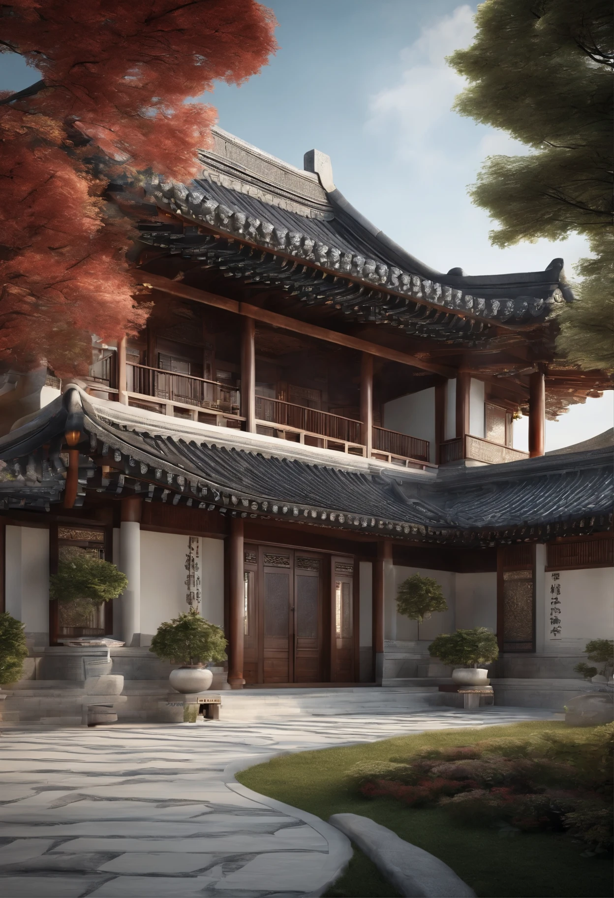 Design a 10000 square feet 2-store house with mix style of korean traditional house design and modrn house design. I want the floow to be still in marble though.