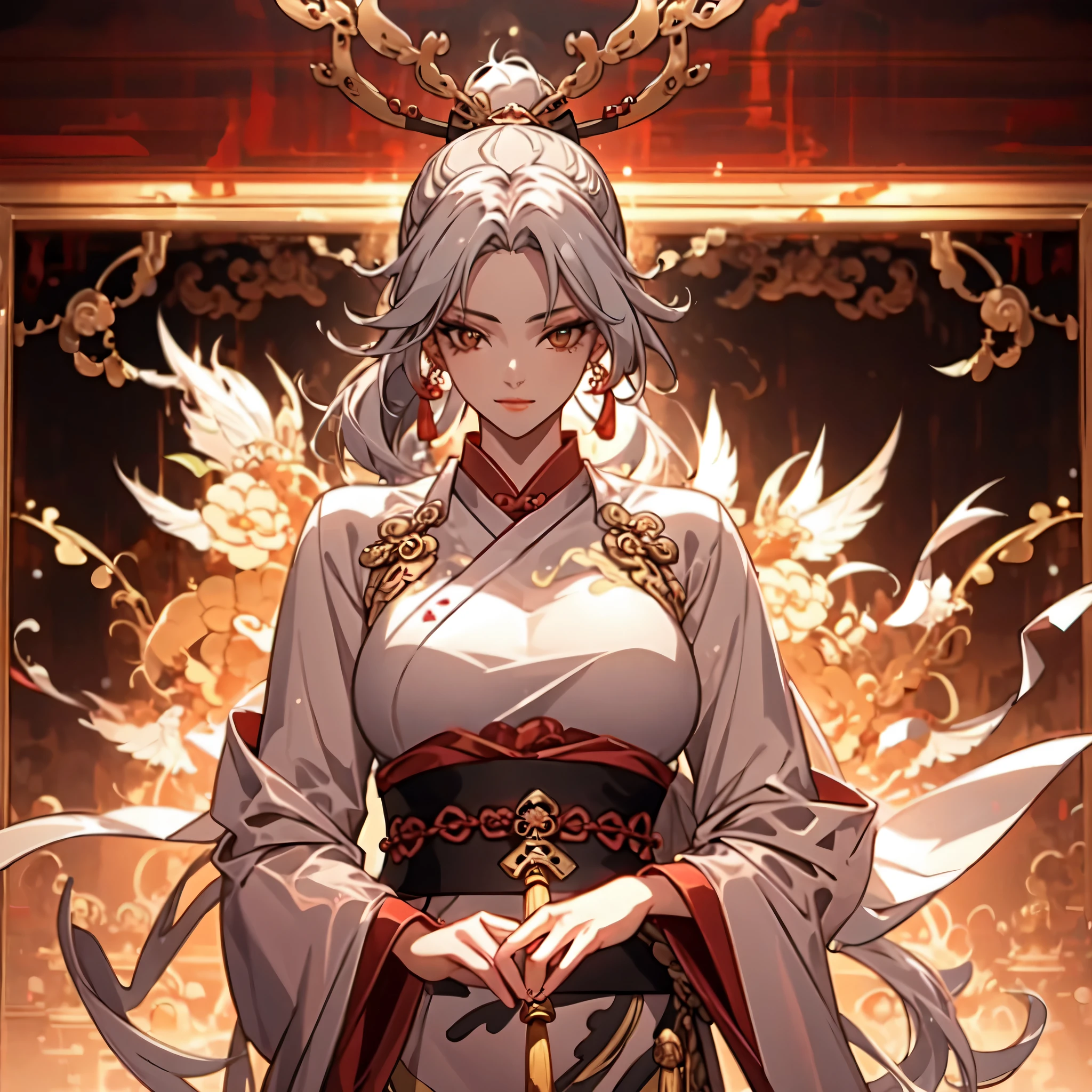 A woman in a yellow robe holds a sword and a circle, (best quality,masterpiece:1.2),ultra high resolution,realistically,front lighting,intricate details,Exquisite details and textures,1 girl,solo,(young),facial highlights,upper part of body,Detailed production,White skin,silver hair,high ponytail,looking at the audience,big eyes,silk hanfu,(hollow pattern,White,silk dress),ear nipple ring,big breasts,fit,professional lighting,photon mapping,radio city,Physically based rendering,Inspired by Yang Jin, Inspired by Wu Li, Inspired by Fan Kuan, Black-haired mage, Wearing flowing robes, xianxia hero, Inspired by Luo Mu, Holy Fire Spell Art, ancient chinese goddess, Inspired by Guan Daosheng, holy fire spell, Fire Mage