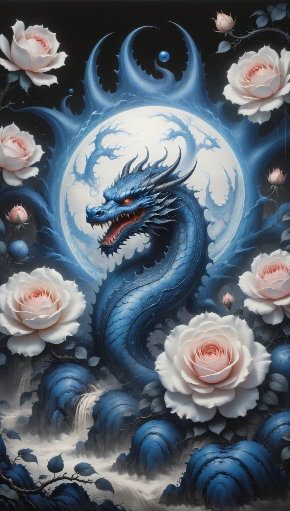 (best quality,4k,highres:1.2),ultra-detailed,realistic,black and white,traditional media,pencil sketch:1.2,chaotic lines,[[[the artist Musa]]],on a dark background,blue charges form stylized outlines of Dragon Balls and a framed rose,bioluminescence