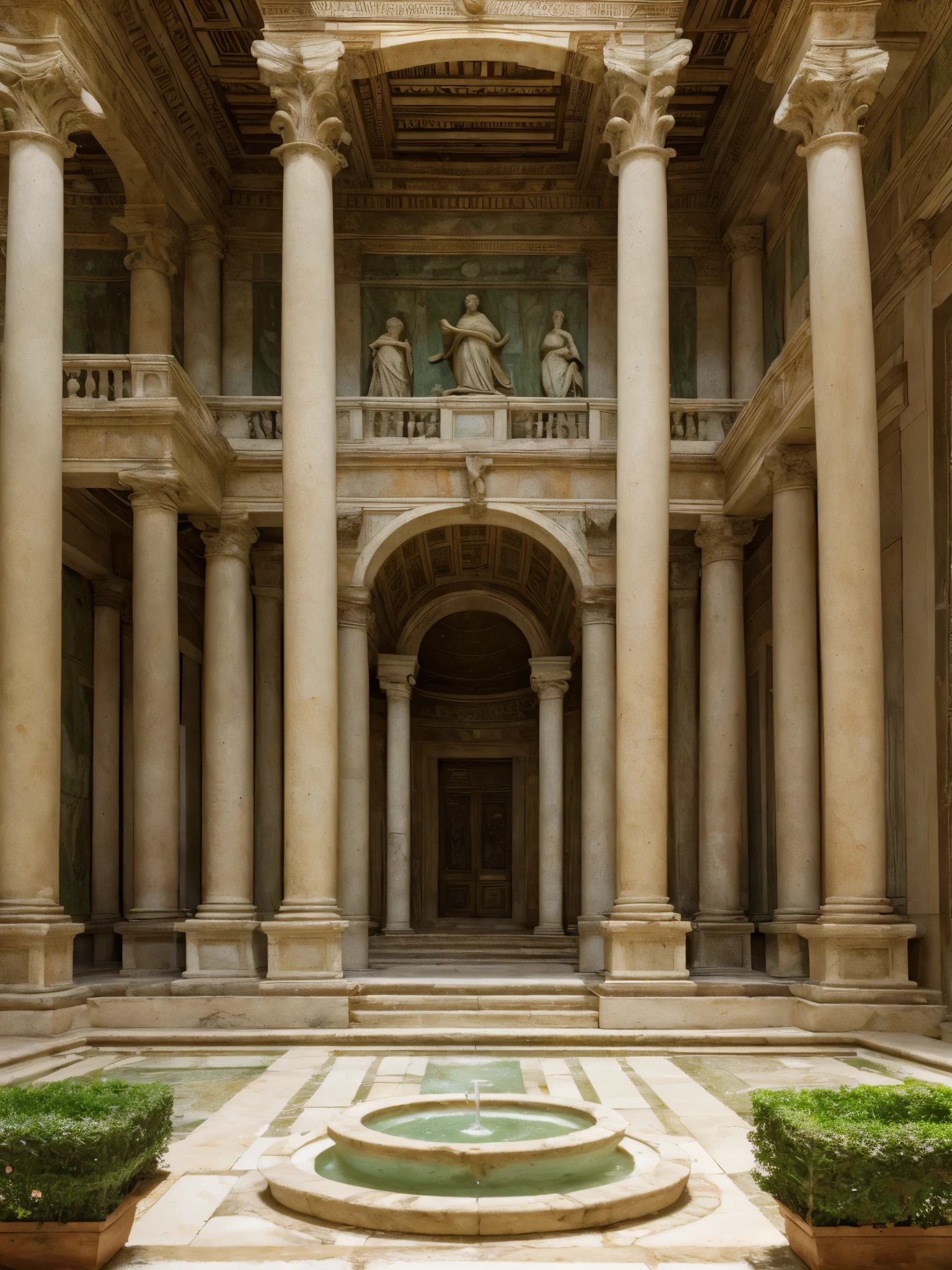 A Roman Villa's atrium garden lush with ivy-draped marble columns, a burbling fountain, and vivid frescoes depicting scenes from classical mythology.
