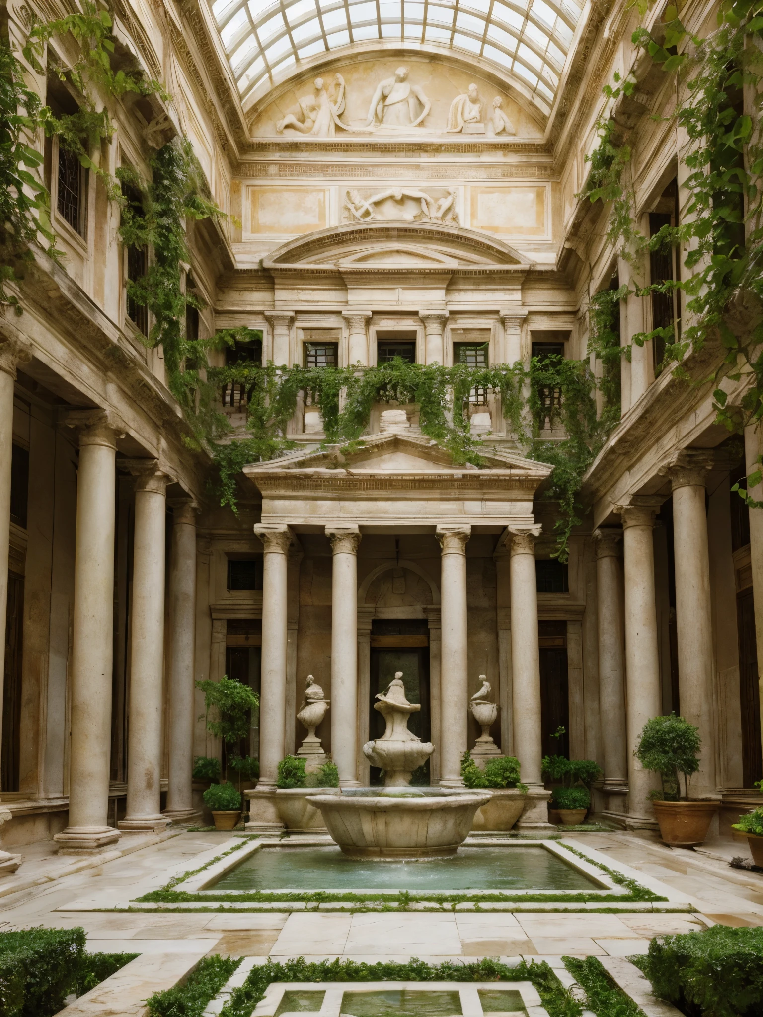 A Roman Villa's atrium garden lush with ivy-draped marble columns, a burbling fountain, and vivid frescoes depicting scenes from classical mythology.
