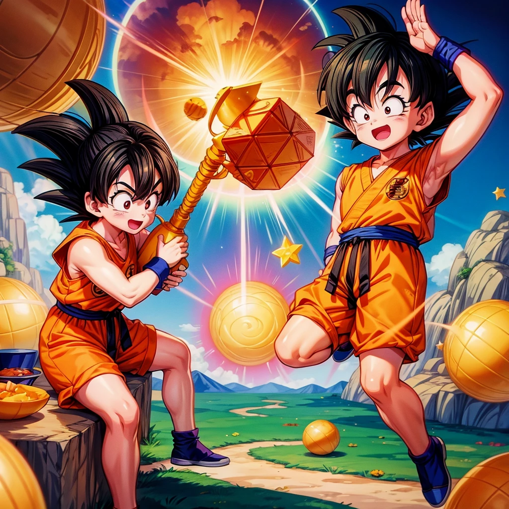 In Dragon Ball，The scene where KidGoku and Bulma meet in Baozi Mountain when they were young，Little Goku is handing the four-star dragon ball to Bulma。The whole picture adopts the techniques of comics and illustrations，Showing the innocence of childhood and the warmth of friendship。