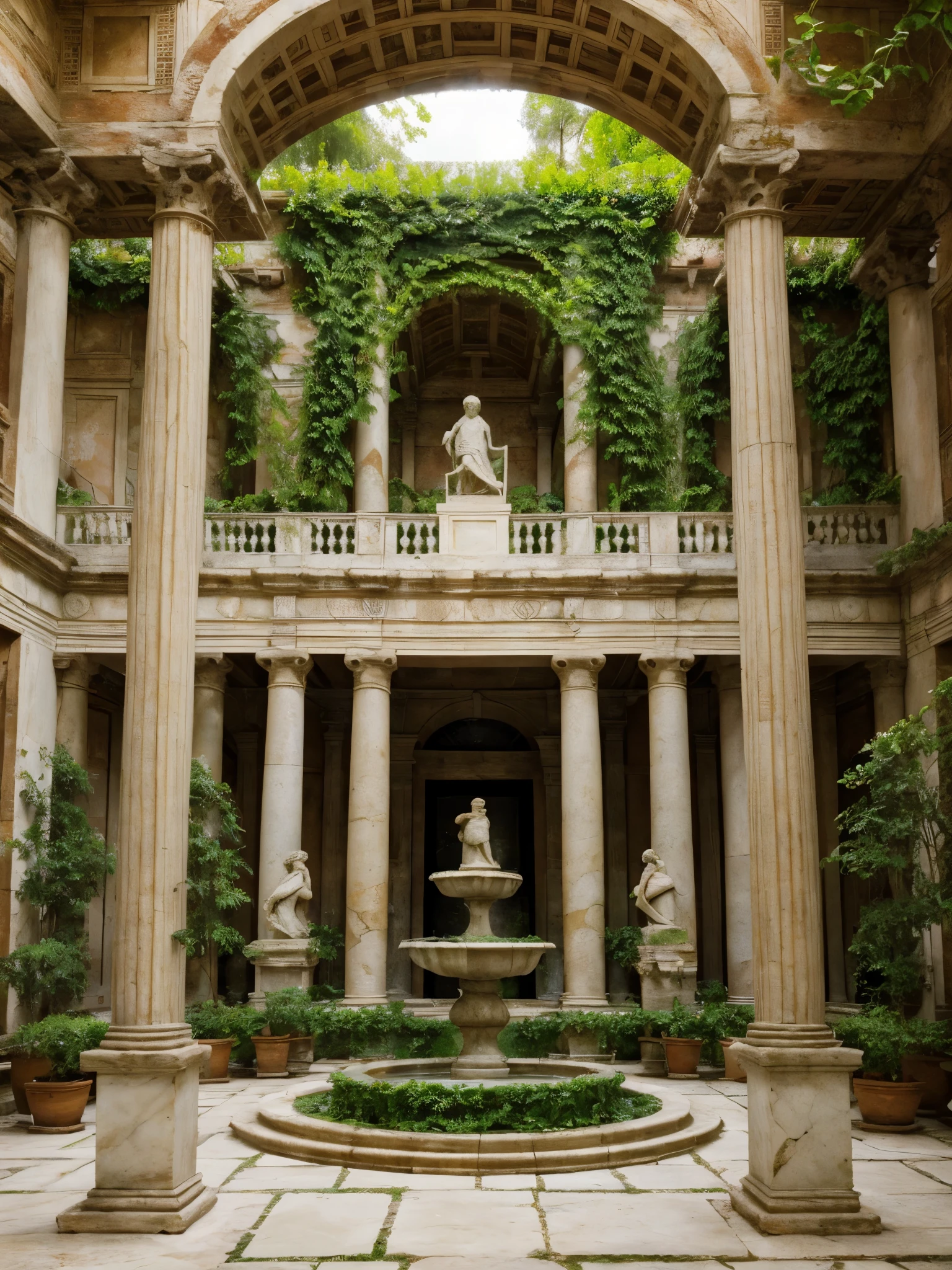 A Roman Villa's atrium garden lush with ivy-draped marble columns, a burbling fountain, and vivid frescoes depicting scenes from classical mythology.