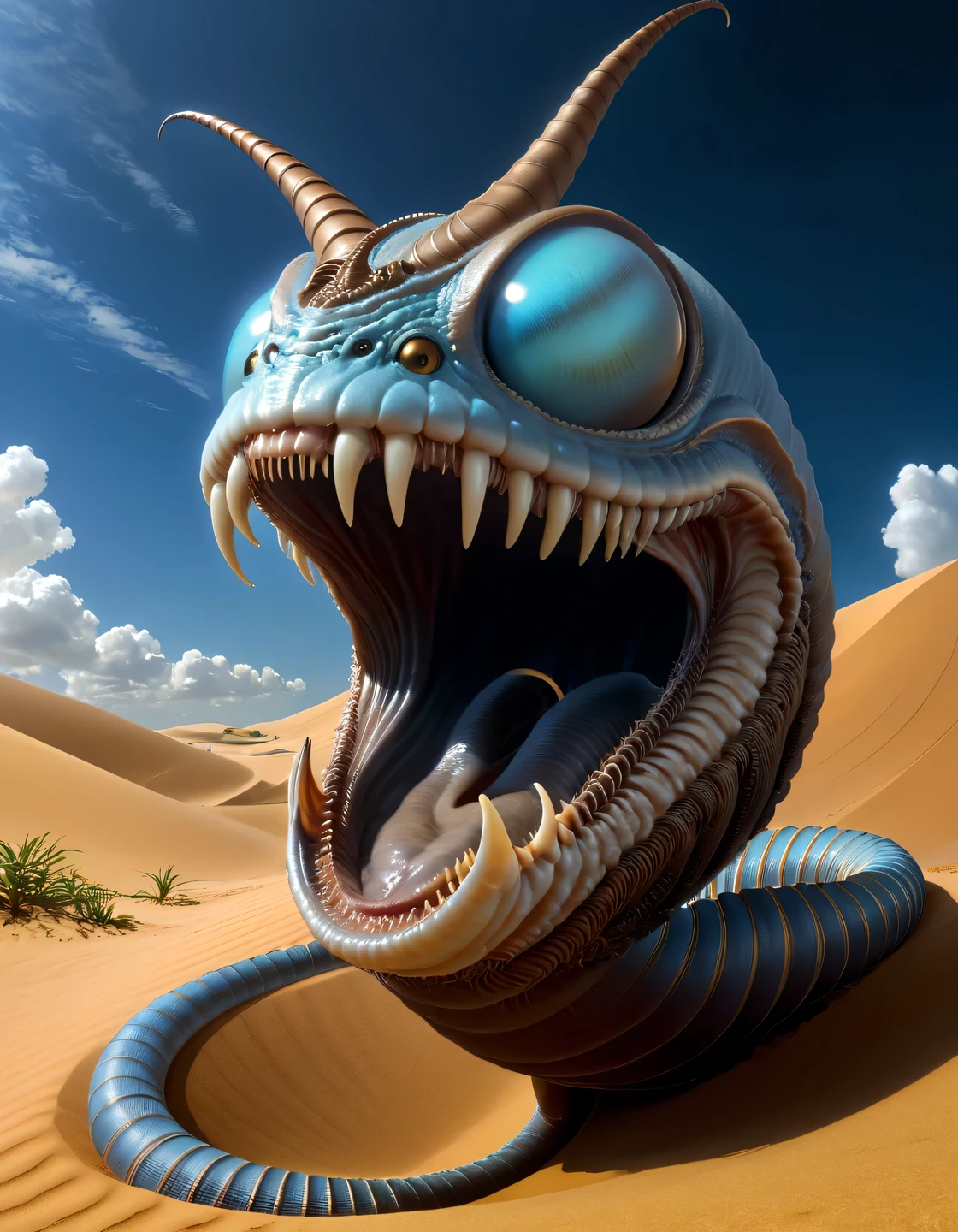 Landscape shot of an unknown sand world among brown sands and dunes against a blue sky, in the center of the frame is a very large unknown and previously unseen sandworm Shai-Hulud with an open four-rayed mouth and a huge throat in the center, its four-rayed mouth is framed by many small sharp teeth, 2 long thin whip-like whiskers hang over the worm&#39;s mouth., giant alien worm half bursting out of the sand, throwing clouds of sand dust around, giant worm skin texture shown in detail, high texture smoothing, high resolution objects, 32K, hyper detail, Surreal sci-fi style, DAZ 3D, Realistic brush strokes, unreal engine 5, Ultra-realistic rendering of details, Stunningly realistic graphics, Very detailed photo