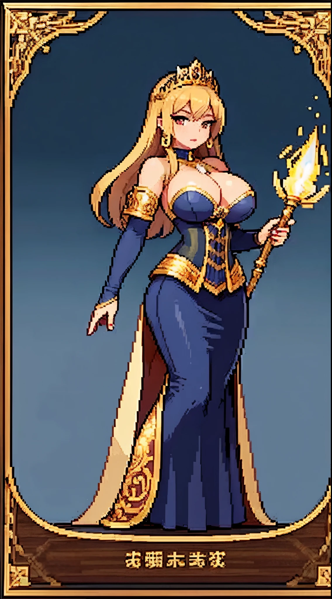Mature woman:1.4, (deep cleavage:1.2 , corset dress:1.2) , long armored skirt:1.2, huge ass, jewelry:1.2, gold tiara, casting a powerful spell:1.4, fantasy, snowy temple background:1.4, long wooden staff,clean pixel art, pixel art style:1.4 