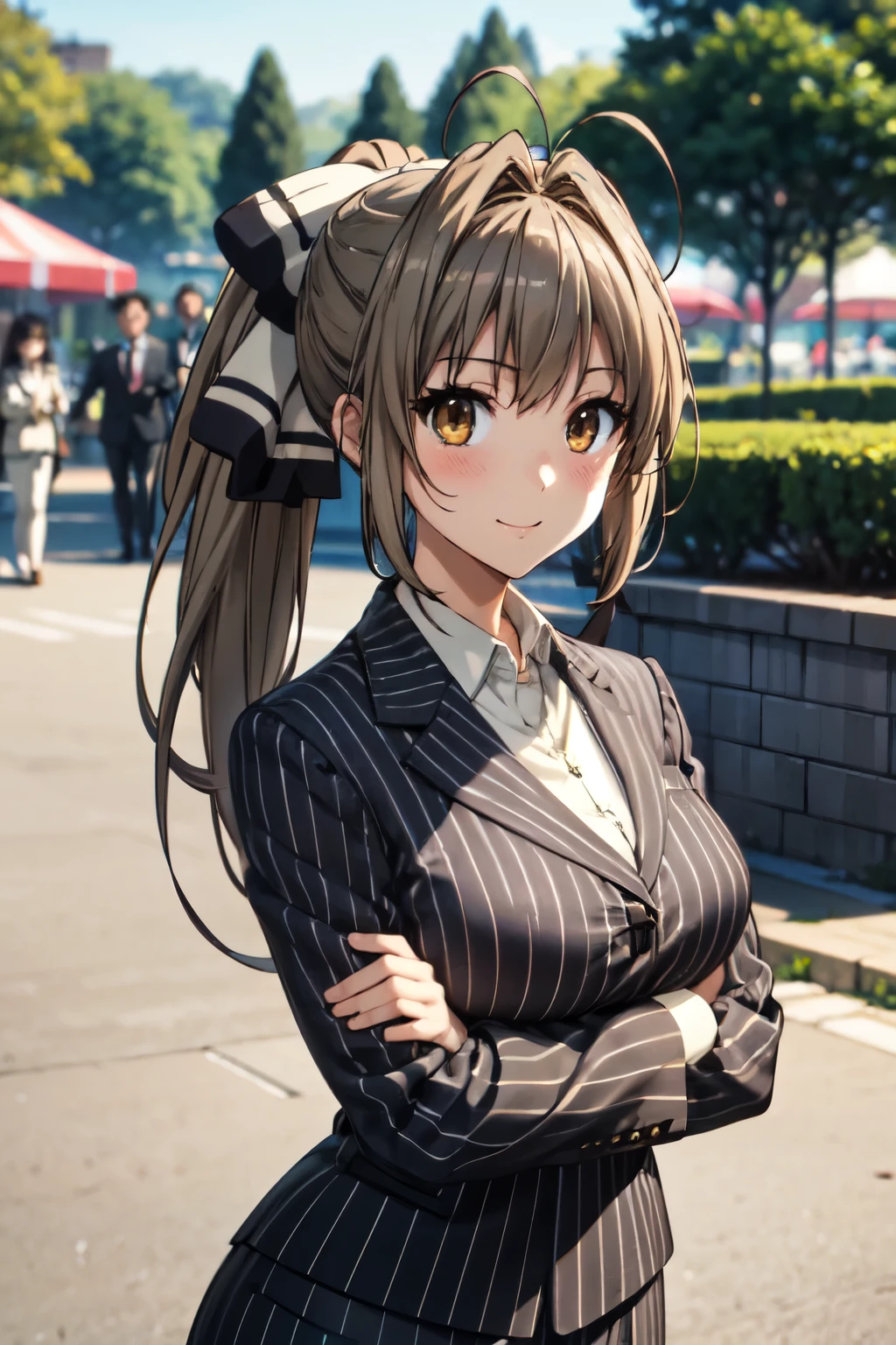 (anime style),1 girl, alone, masterpiece, highest quality, Amagi Brilliant Park, sento isuzu, brown eyes, brown hair, long hair, ponytail, antenna hair, hair ribbon, white ribbon、 ((SentoSuit, business suit, pinstripe pattern, collared shirt, pencil skirt)),((amusement park)),big breasts,Look at the viewer、smile, outdoors、(face the front、Cover your subject all over)、(blush、light in the eyes、eye highlights), From before、fold your arms