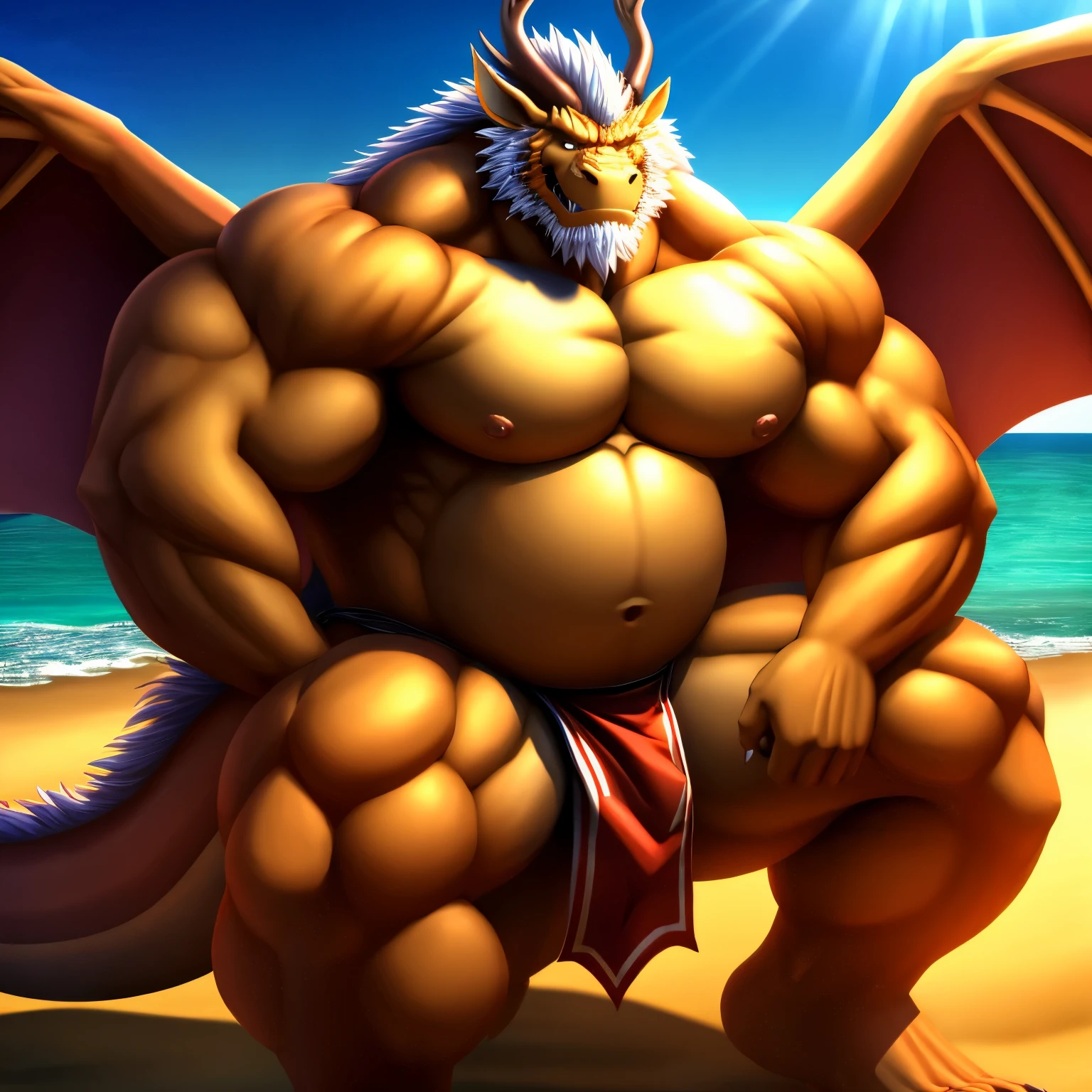  kaido,  eastern dragon king, male dragon, eastern dragon, very big muscles, hulking,  extremely strong, big abdominal muscles, hefty musclegut, pecs, muscular dad body,  Strong and robust musclegut , strong abs, sharp  claws, dragon feet claw, full body, loincloth, one piece, HDR,  nipples, sunlight, daylight, outdoor, bright , sunshine, at noon, fighting pose, good weather,  on sea beach, 8k, best quality .