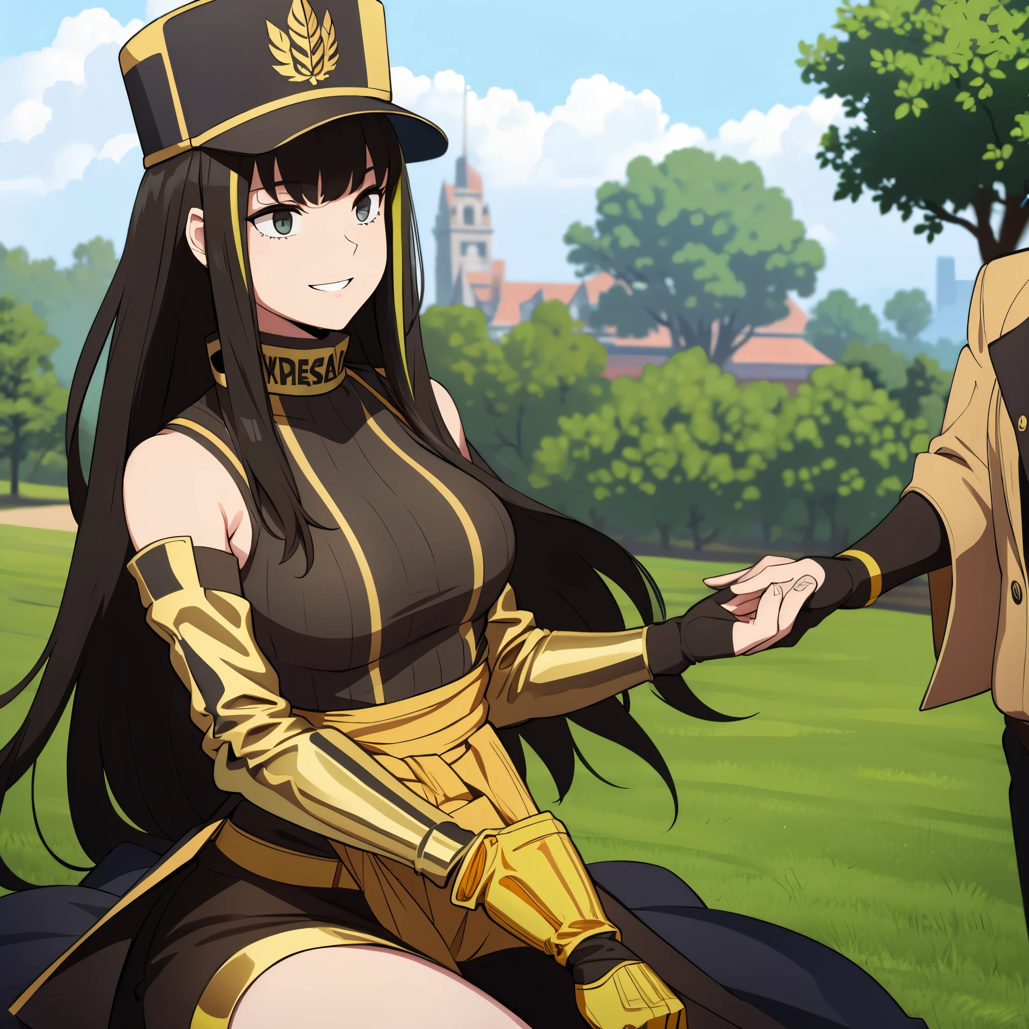 A woman wearing a black marching band uniform with gold details, a black marching band hat with gold details, in a park, smiling. black hair, green bangs
