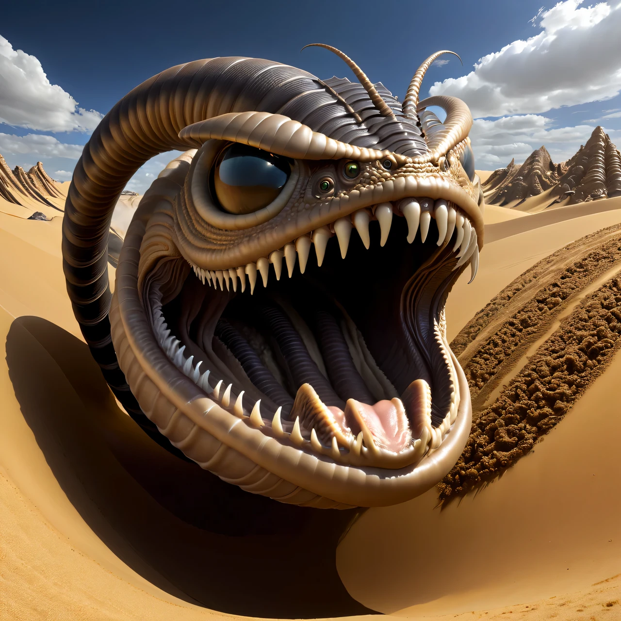 Giant sandworm Shai-Hulud with a worm-like body without a distinct head., Dune World, in the center of the frame is a very large unknown and previously unseen sandworm Shai-Hulud with an open four-rayed mouth and a huge throat in the center., its four-rayed mouth is framed by many small sharp teeth, 2 long thin whip-like whiskers hang over the worm&#39;s mouth., giant alien worm half bursting out of the sand, throwing clouds of sand dust around, giant worm skin texture shown in detail, high texture smoothing, high resolution objects, 32K, hyper detail, Surreal sci-fi style, DAZ 3D, Realistic brush strokes, unreal engine 5, Ultra-realistic rendering of details, Stunningly realistic graphics, Very detailed photo