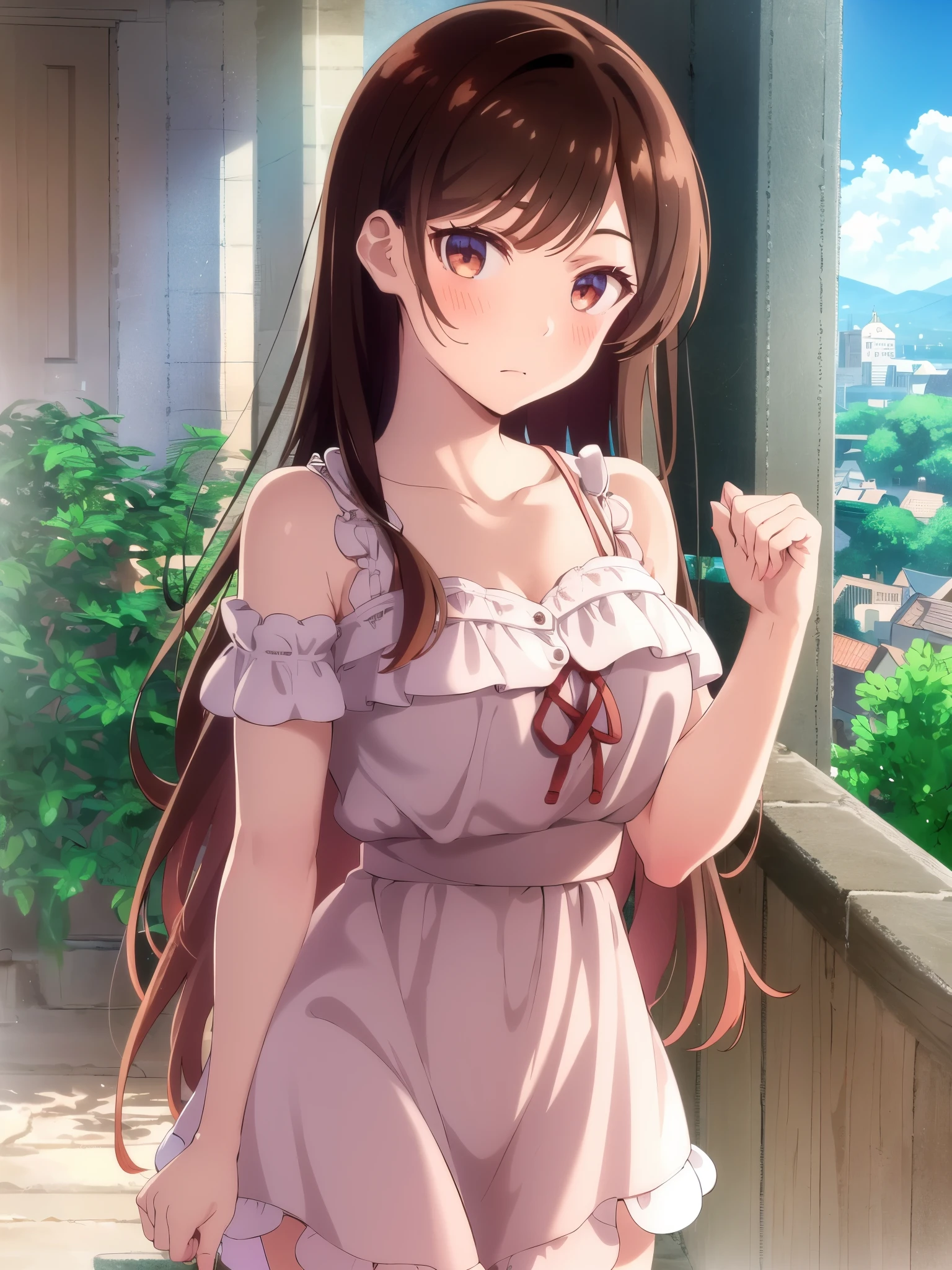 1 girl, alone, chizuru mizuhara, masterpiece, best quality, 8k wallpaper, beautiful detailed eyes, 1 girl, long hair, looking at viewer, blushing, brown hair, brown eyes, thighs baggy, summer dress,