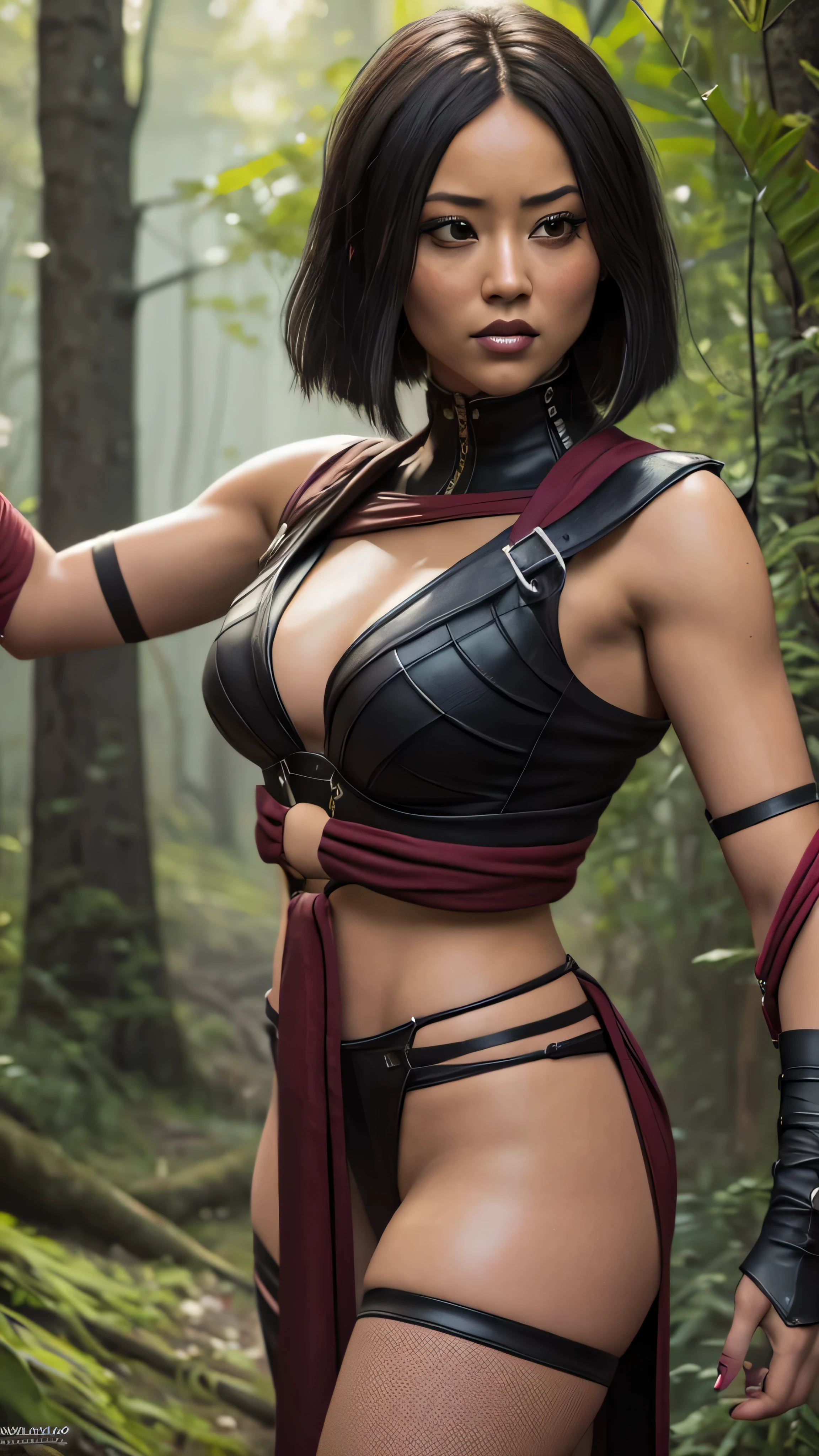 ((Karen Fukuhara)) as sareenamk1 from Mortal Kombat, red eyes, black sclera, (two-tone hair, white streaked hair), bangs, scar, black crop top, o-ring, gloves, midriff, cleavage, loincloth, stockings, high heels, make-up, standing, red sky, woods, seductive, sexy, hot, sultry, shapely, front view, intricate, high detail, sharp focus, dramatic, photorealistic painting art by greg rutkowski