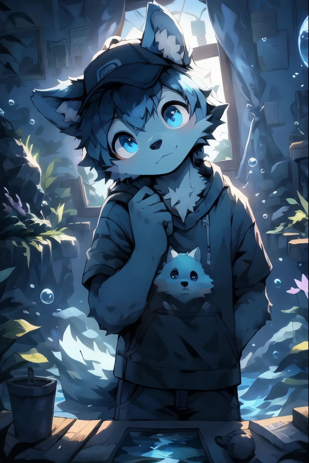 masterpiece, best quality, Bright Eyes, delicate eyes, hairy, Wolf, male, loose clothes, baseball cap, (head tilt:1.3), high saturation, rich and colorful, Detailed background, perfect lighting, shadow, aquarium, window, dark blue theme, bubble
