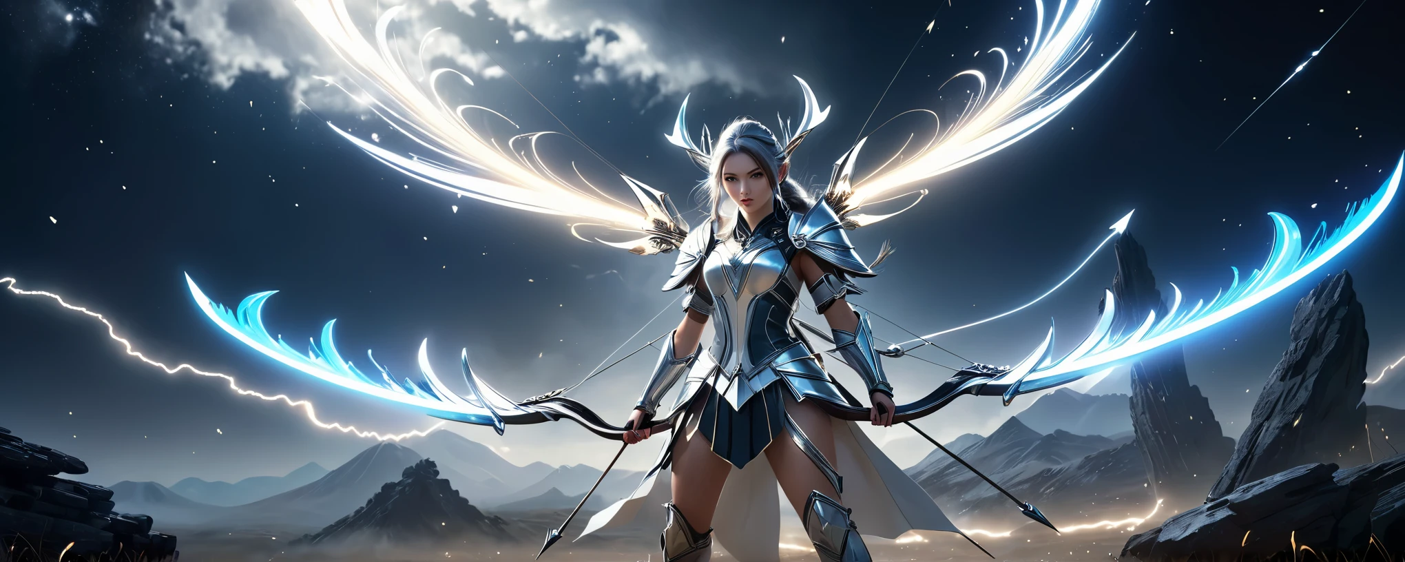 (masterpiece), 8k, best quality, panoramic view, silver detailed war bow. white glowing energy arrows,