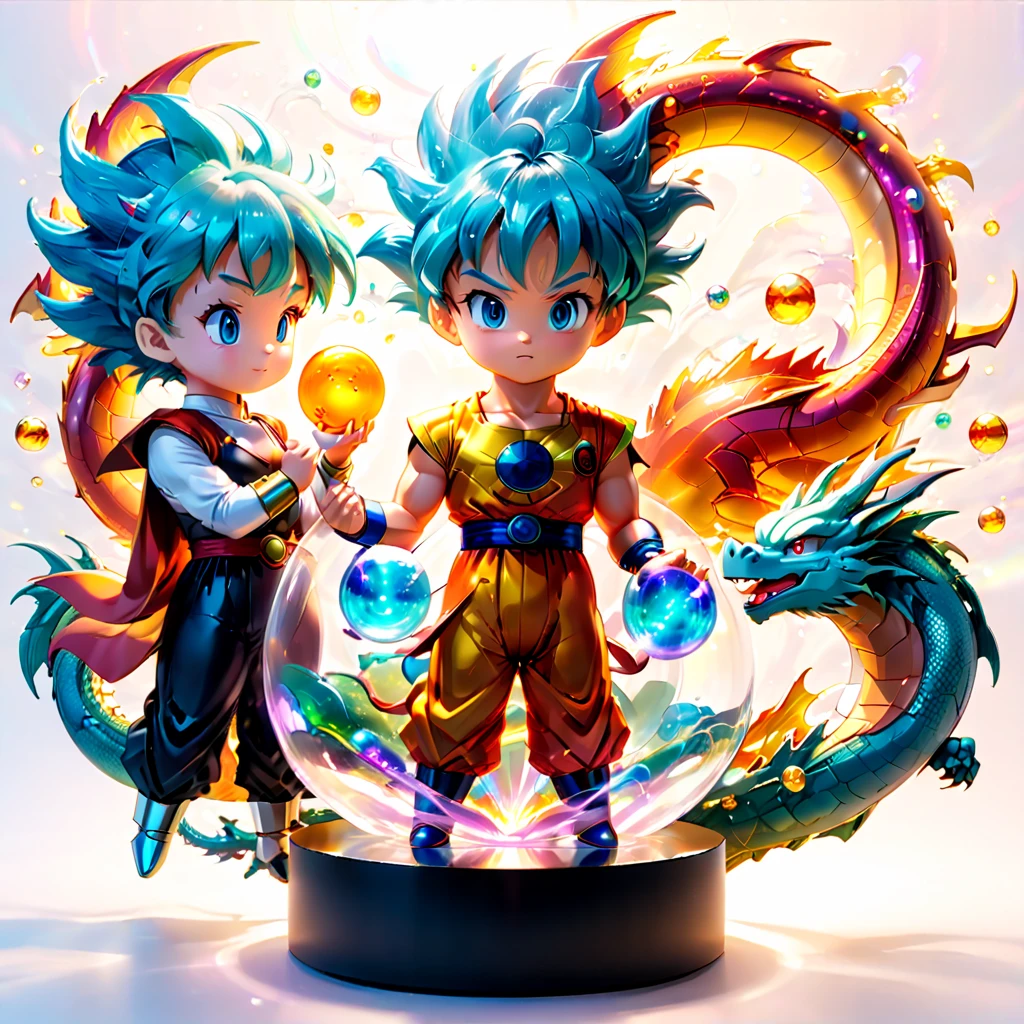 (Blind box toy style:1.2)，retro cyberpunk，Surrealism，Arthur C. Clark Effect，transparent body，whole body, White background, (In Dragon Ball，The scene where Sun Wukong and Bulma met when they were young at Baozi Mountain，Little Goku is handing the four-star dragon ball to Bulma，Showing the innocence of childhood and the warmth of friendship), 3d，Caustics，Transparent glass texture，rainbow colors，Designed by Dieter Rams，Simple，sparkling details，White background，industrial design，Studio lights up，C4D，octane rendering，clean shadow，8K，beautiful artwork，magical items，With mysterious cosmic energy