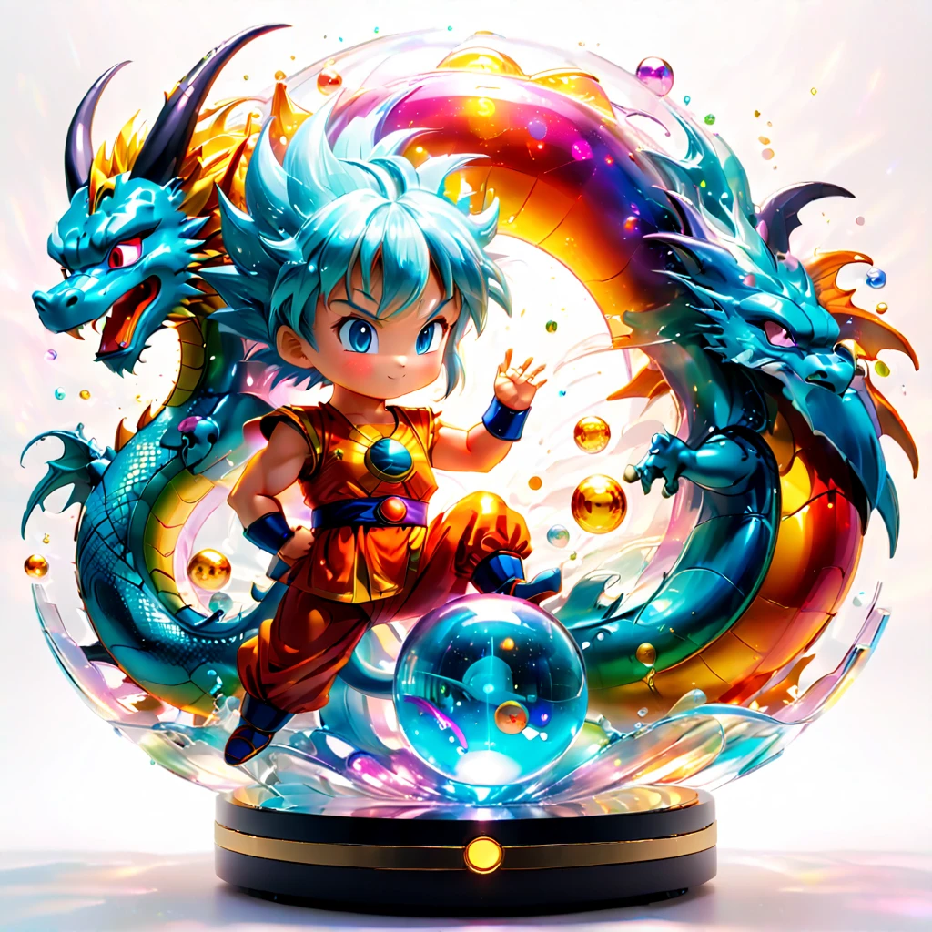 (Blind box toy style:1.2)，retro cyberpunk，Surrealism，Arthur C. Clark Effect，transparent body，whole body, White background, (In Dragon Ball，The scene where Sun Wukong and Bulma met when they were young at Baozi Mountain，Little Goku is handing the four-star dragon ball to Bulma，Showing the innocence of childhood and the warmth of friendship), 3d，Caustics，Transparent glass texture，rainbow colors，Designed by Dieter Rams，Simple，sparkling details，White background，industrial design，Studio lights up，C4D，octane rendering，clean shadow，8K，beautiful artwork，magical items，With mysterious cosmic energy