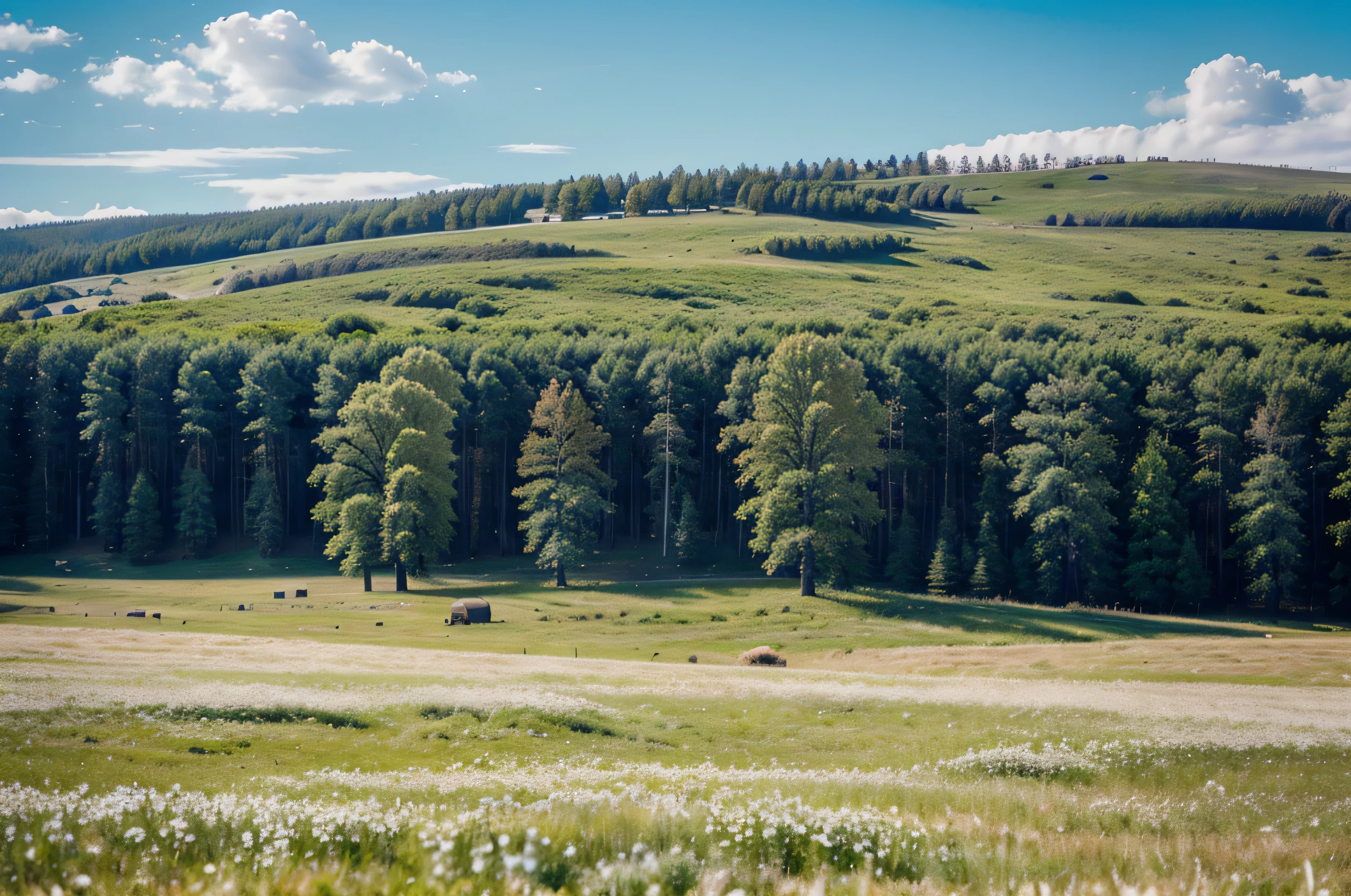 grassland ，Pine trees，early spring，grassland，grass white，wide angle，imagine，Open，Ultra HD shooting，No characters should appear on the screen，spring feeling，a little more sky