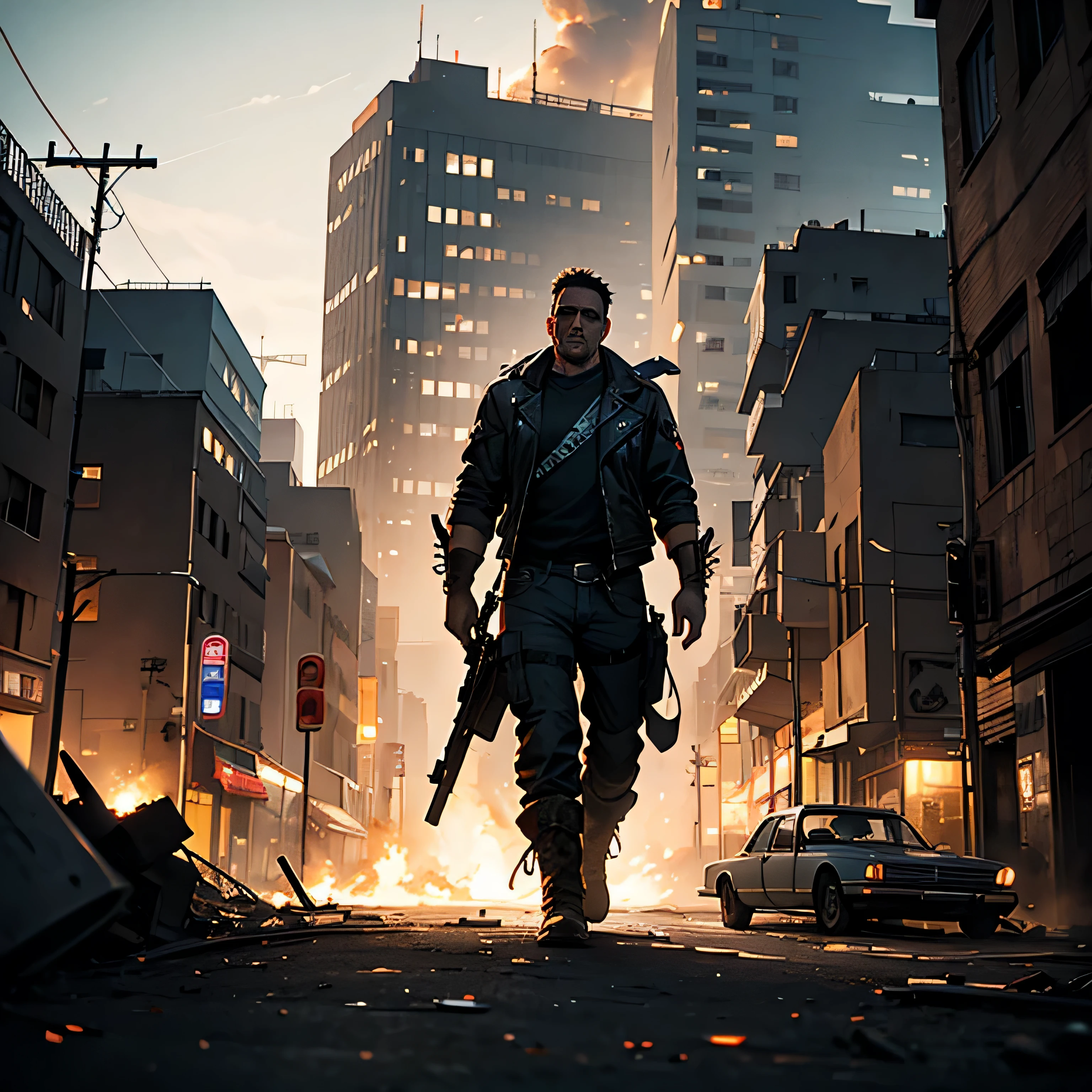 Lone 40-year-old man dressed as Mad Max, caminando por una ciudad solitaria en ruinas, incendios en varias partes, sin armas, plano medio ancho, cinematic lighting, chiaroscuro.