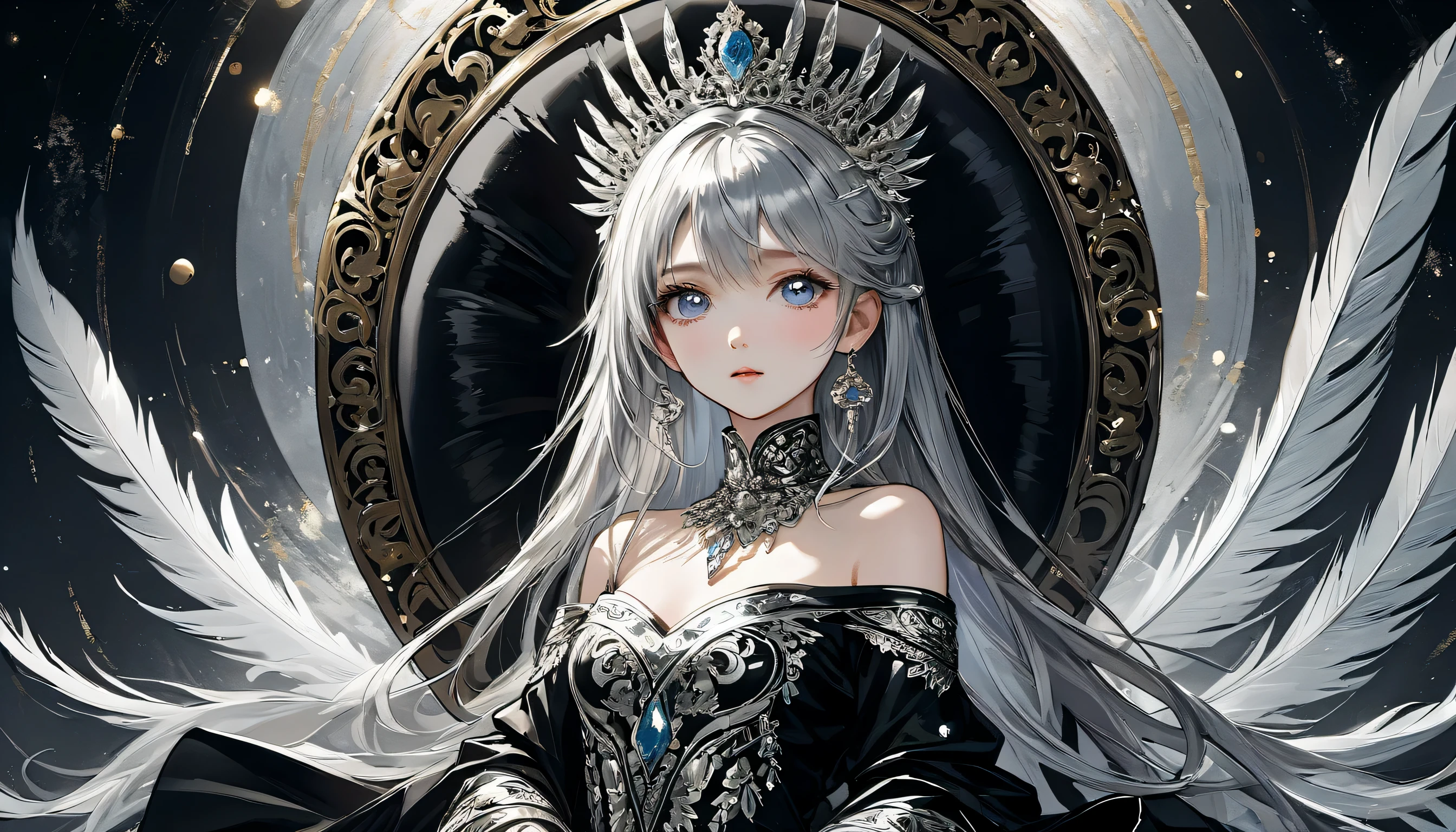 (((masterpiece))),最好of质量, illustration,(美丽细致of女孩), a girl ,独自of,裸露of肩膀,平坦of_CHST,钻石和耀眼of眼睛,美丽细致of冷面,很長of藍色和銀色頭髮,飄逸of黑色羽毛,curls,Black and white sleeves,Gold and silver tassels,A (black hole) 女孩of身後,鑲嵌黑曜石of銀色三重王冠,(sit) On black ((throne)), (depth) of (site)