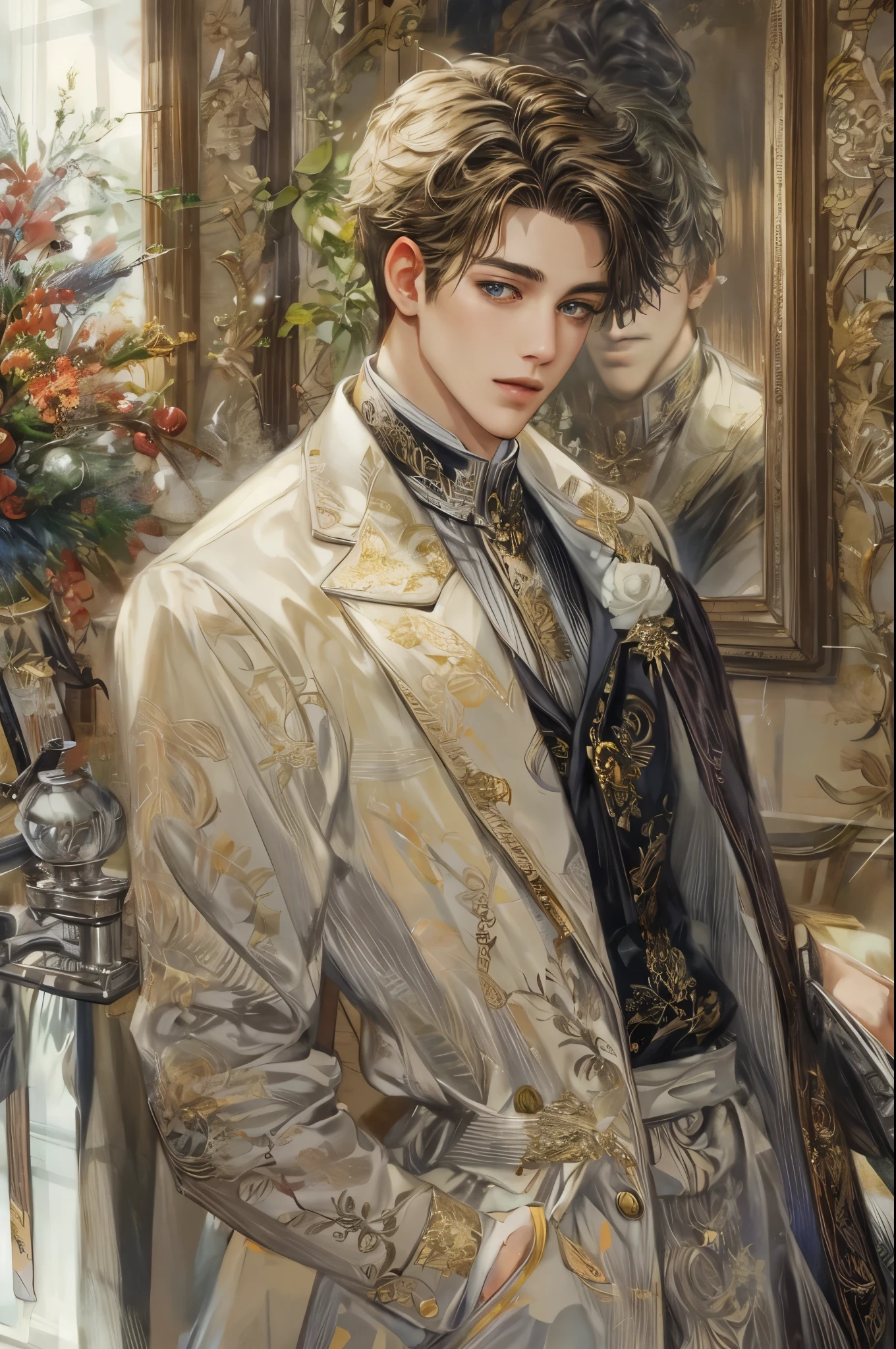 ((Best quality)), ((masterpiece)), (detailed), ((perfect face)), ((halfbody)) handsome face, male, teen boy, perfect proportions , short hair ((character from bridgerton male version)) detailed interior, cozy home