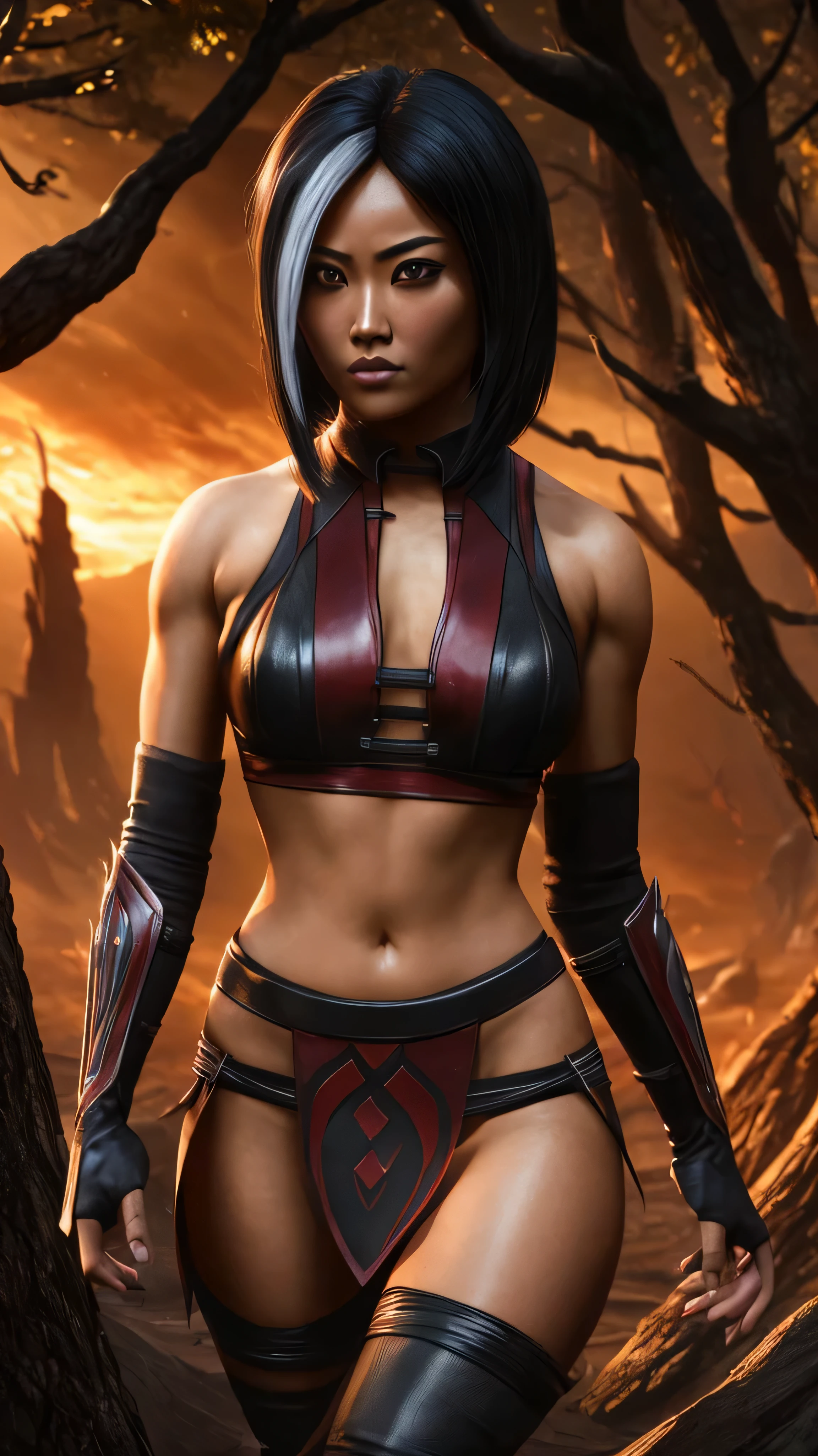 ((Karen Fukuhara)) as Sareena from Mortal Kombat, red eyes, black sclera, (two-tone hair, white streaked hair), bangs, scar, black crop top, o-ring, gloves, midriff, cleavage, loincloth, stockings, high heels, make-up, standing, red sky, woods, seductive, sexy, hot, sultry, shapely, intricate, high detail, sharp focus, dramatic, photorealistic painting art by greg rutkowski