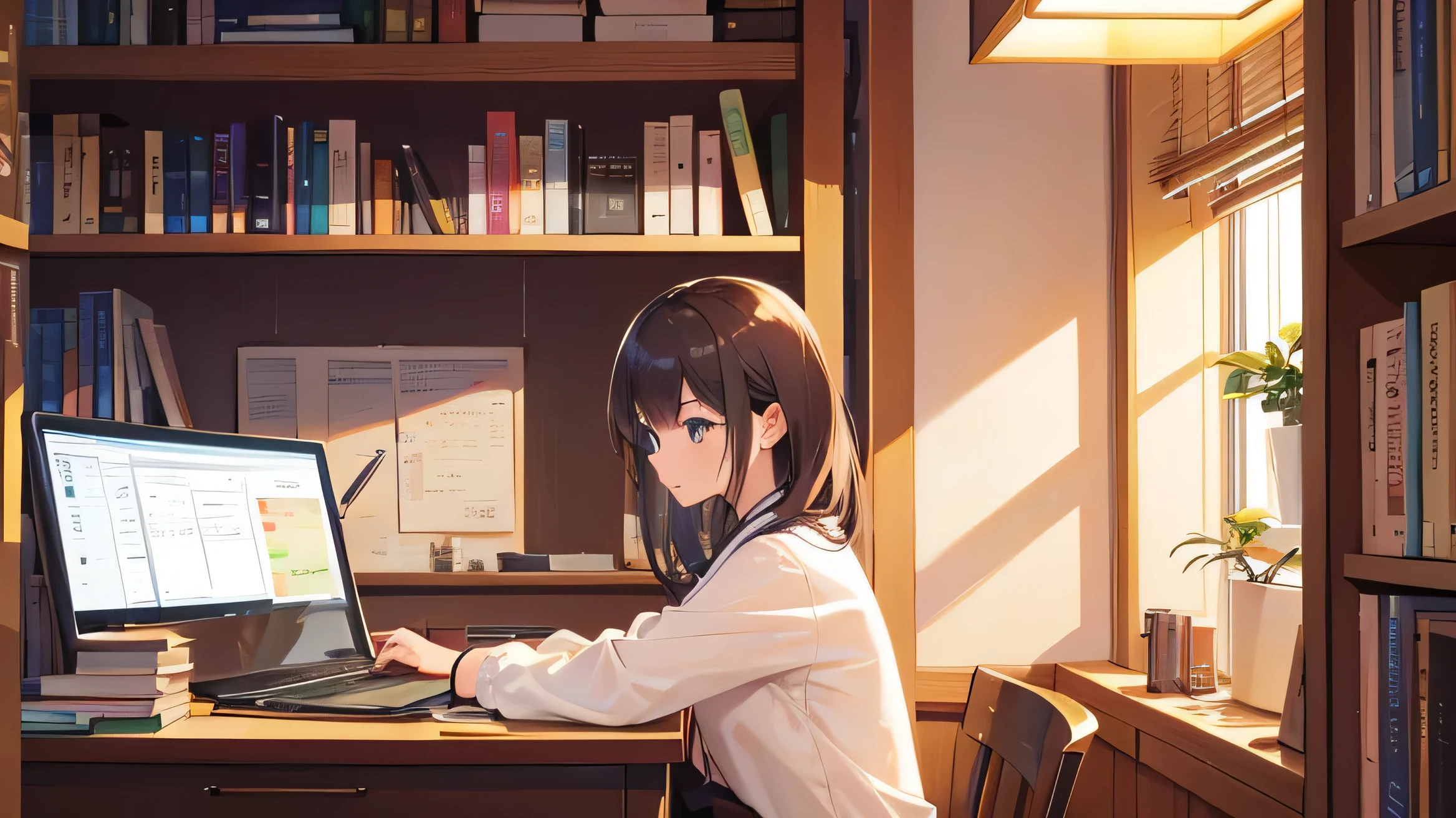 in living、Incorporate AI learn time、learn。spring season。the laptop is on the desk。There is a bookshelf in the back.、There are about 10 books lined up..