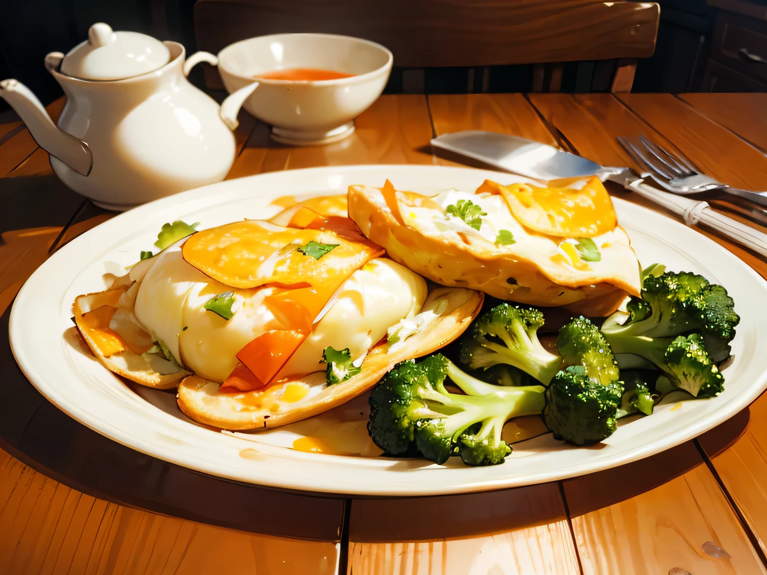 ketchup、carrot、Plate of yellow omelet with broccoli.、Toasted bread on a separate plate、Wooden Desk、small houseplants、Window frame、painterly