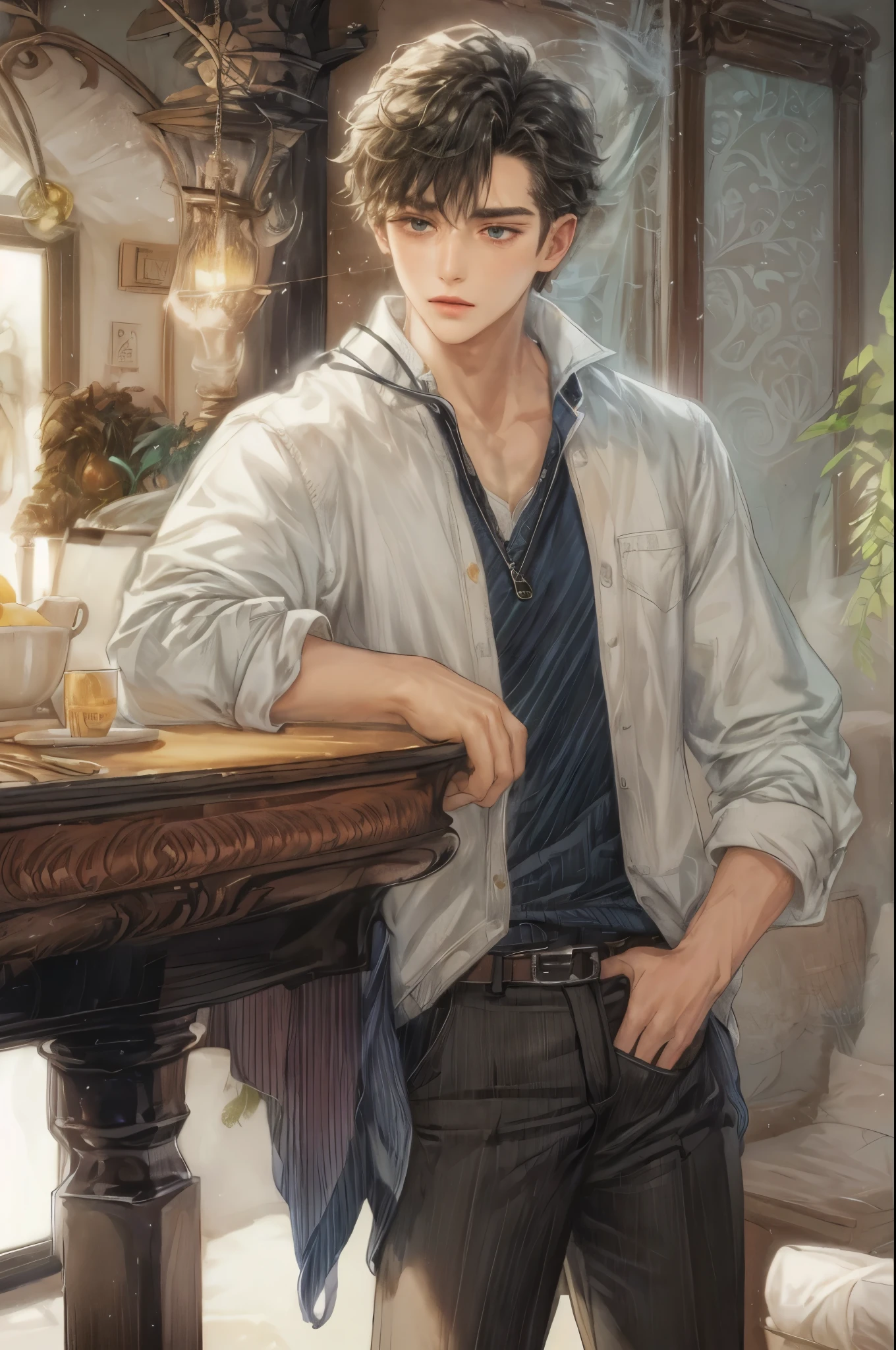 ((Best quality)), ((masterpiece)), (detailed), ((perfect face)), ((halfbody)) handsome face, male,  boy, perfect proportions , short hair ((character from bridgerton male version)) detailed interior, cozy home
