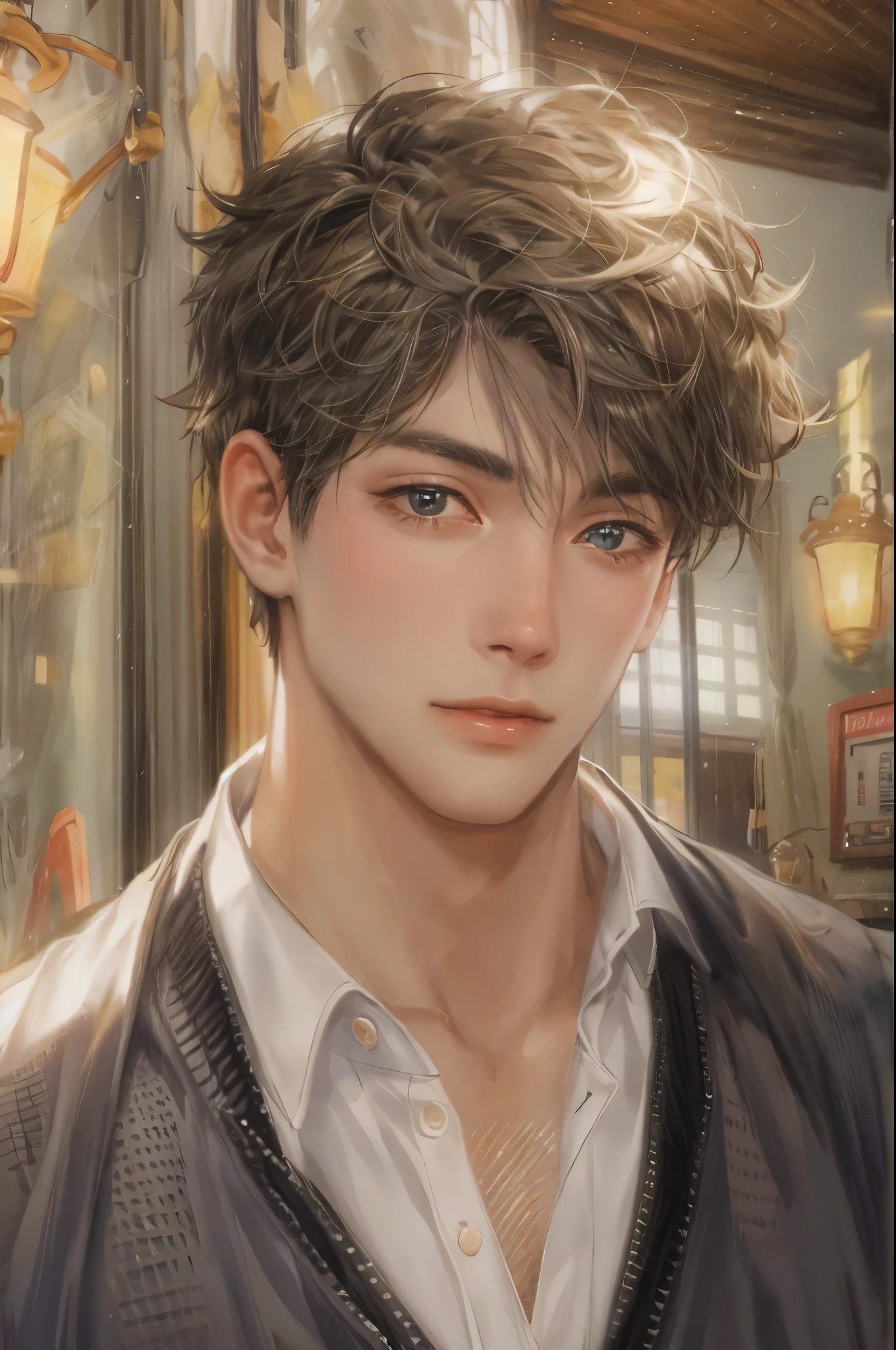 ((Best quality)), ((masterpiece)), (detailed), ((perfect face)), ((halfbody)) handsome face, male, teen boy, perfect proportions , short hair ((character from bridgerton male version)) detailed interior, cozy home