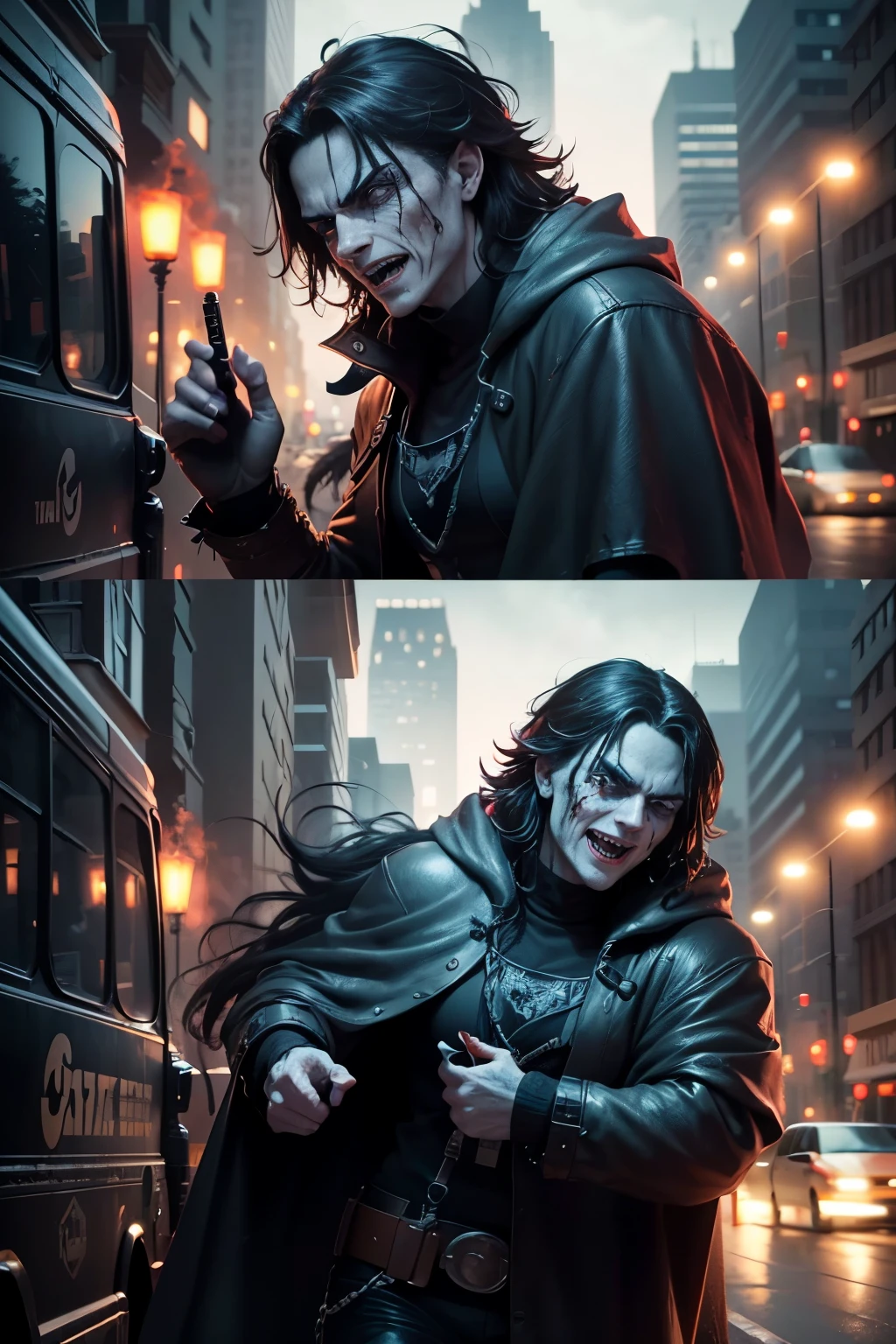A gothic horror scene unfolds as a chilling figure, his face contorted in adistressed, killer's grin, emerges from the cab of a transport truck. Thetruck, with teeth-like grilles and red splatters, revs up, its engine roaringin an action-packed, comic book style splash page of the silver age. Inthe background, ultra-detailed, 8k panels depict a pulsating, otherworldlylandscape, setting the stage for an epic tale of pulp fiction horror. Thefigure, dressed in a tattered cloak, clutches a bloody weapon, ready tostricken fear into the hearts of unsuspecting victims.