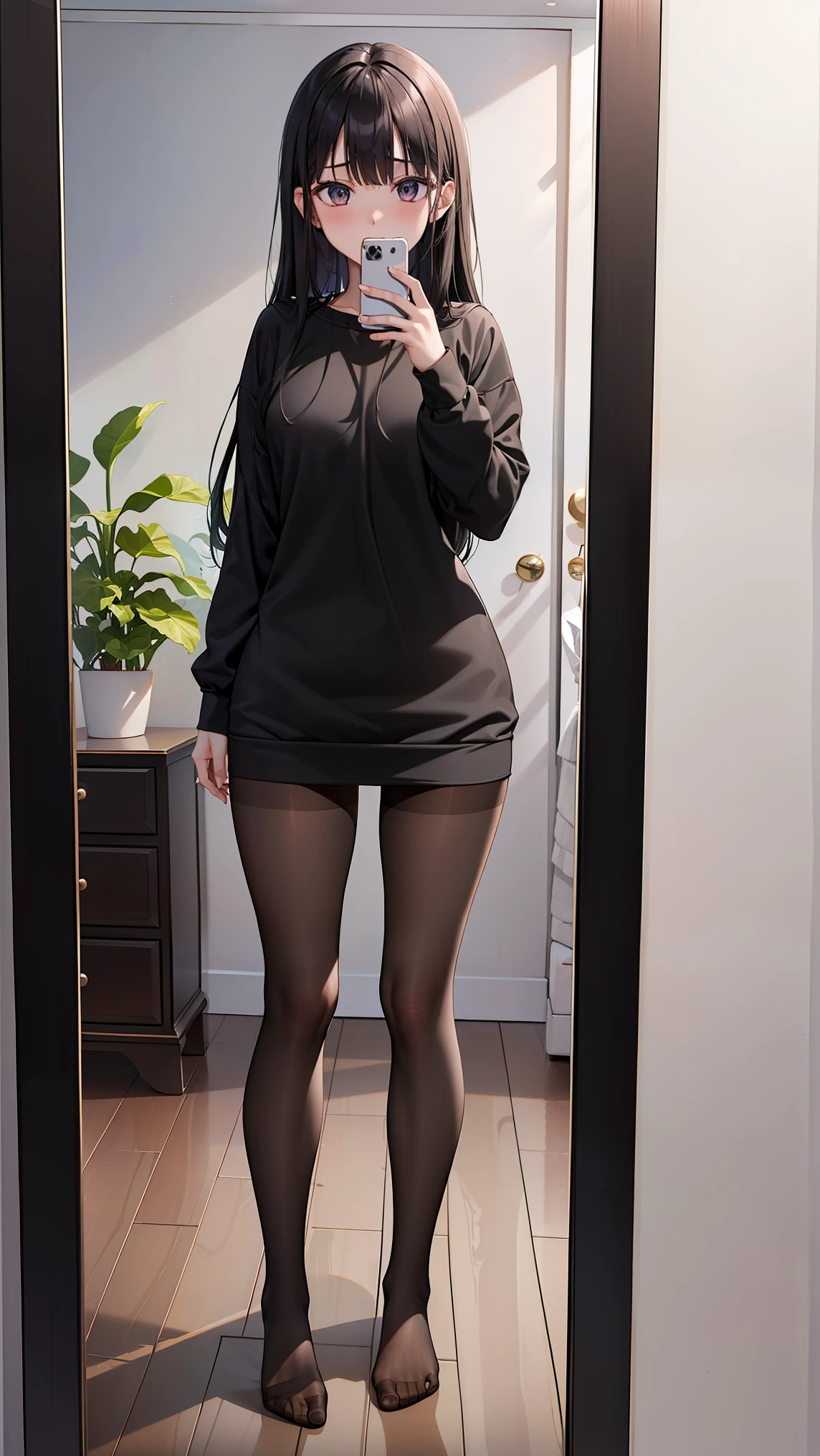 (8k, original photography, best quality,)a girl,20 years old,(long black hair,Qi bangs,thick hair),Slim,((The legs are thin and straight)),((Wide black sweatshirt,Length to the base of the thighs)),((black pantyhose,almost transparent pantyhose)),((No bottoms)),((no shoes)),Standing in front of the bedroom mirror,standing posture