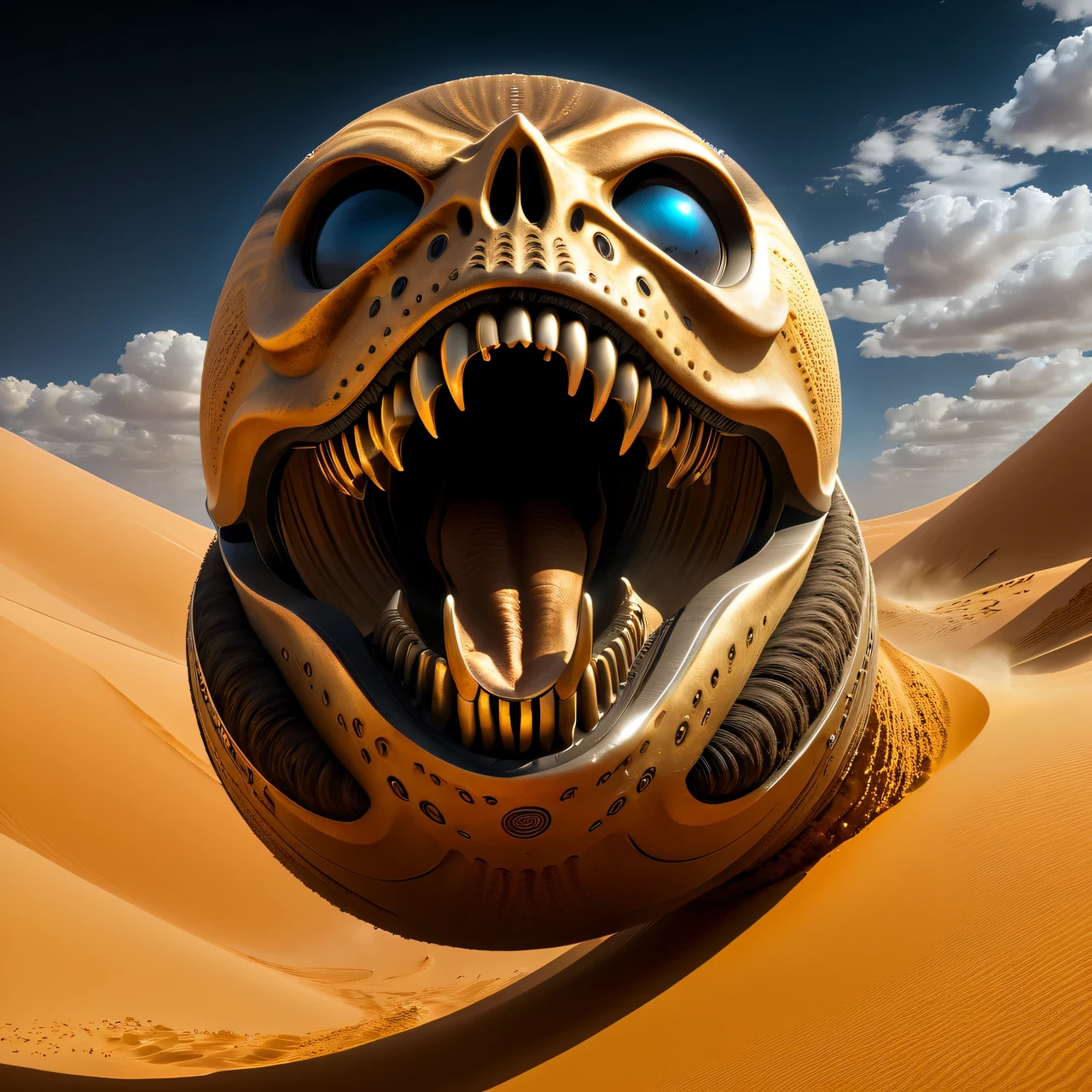 Shai-Hulud in the desert of the world of Dune, Shai-Hulud jumps out of the sand with his mouth open, throwing clouds of sand dust around, the skin texture of Shai-Khulud is shown in detail, high texture smoothing, high resolution objects, 32K, hyper detail, Surreal sci-fi style, DAZ 3D, Realistic brush strokes, unreal engine 5, Ultra-realistic rendering of details, Stunningly realistic graphics, Very detailed photo