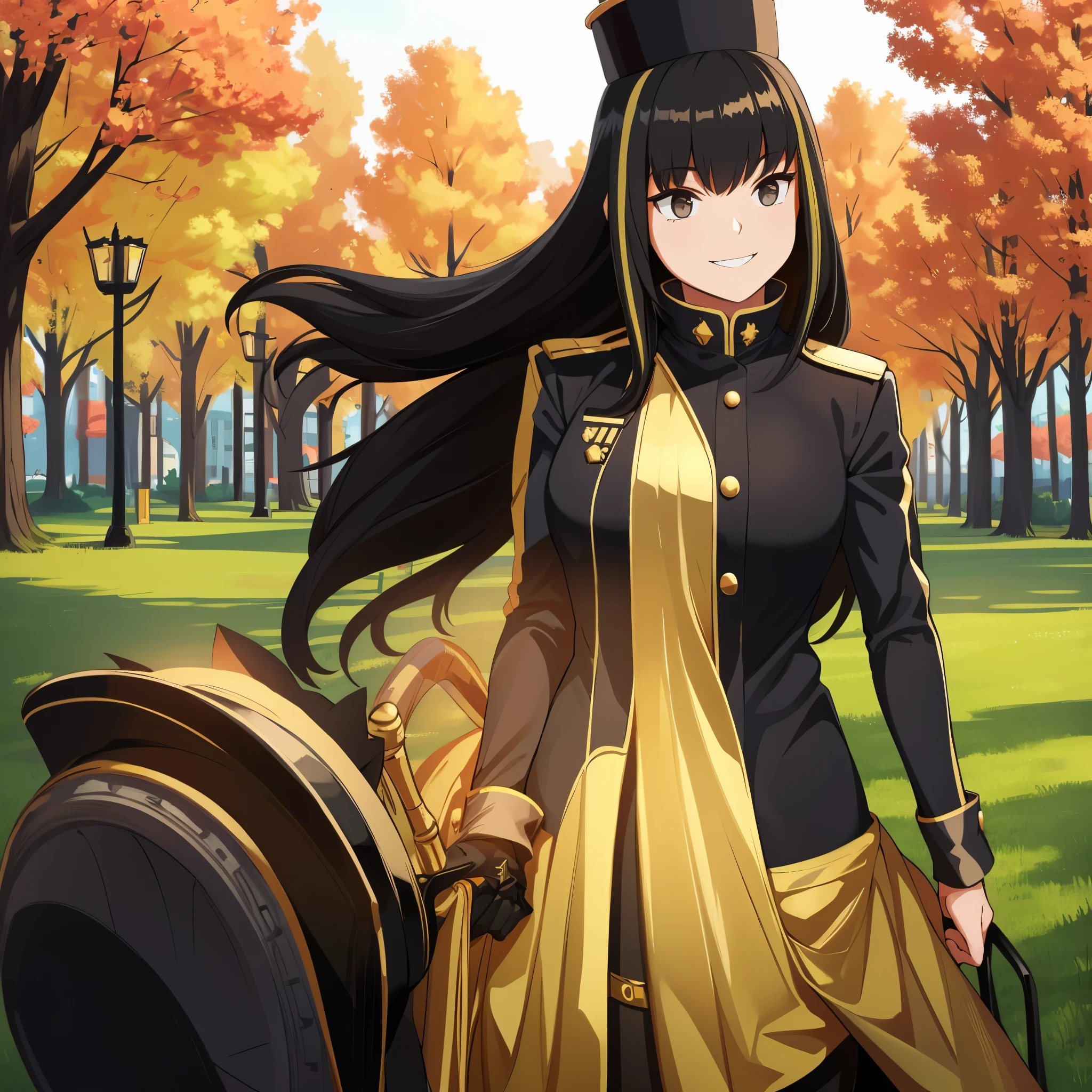 A woman wearing a black marching band uniform with gold details, a black marching band hat, in a park, smiling. black hair.
