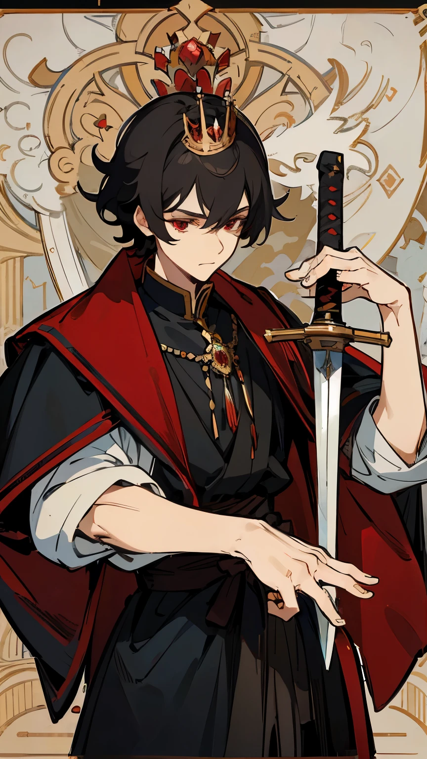 man, red eyes, short black hair, handsome, wearing European noble clothes with a crown and holding a sword in his left hand, the coronation room as the background.