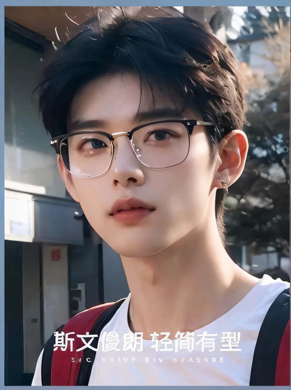 一个wear glasses、Close-up of man carrying backpack, Cai Xukun, Inspired by Zhang Han, wearing square glasses, yanjun chengt, ( ( glasses ulzan, wear glasses, Kim Doyoung, Wear thin and large round-rimmed glasses, wearing black glasses, Inspired by Bian Shoumin, thick rim glasses