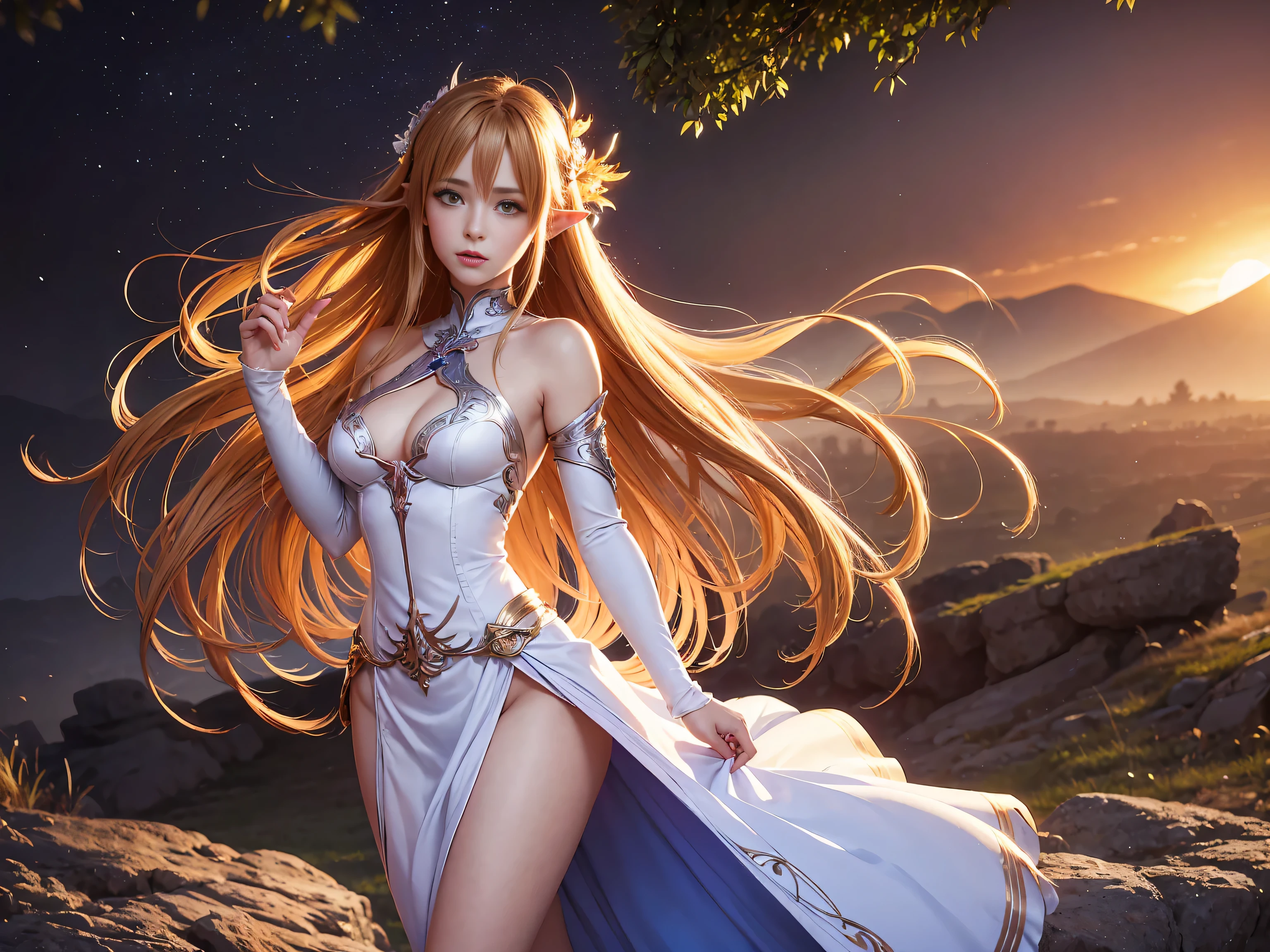 A graceful elf girl stands in a meadow, her delicate features illuminated by the soft light of the setting sun. Her long, flowing hair cascades down her back, adorned with intricate braids and adorned with sparkling jewels. This stunning painting captures the ethereal beauty of elves. Her slender figure in a silk dress sways in the soft meadow breeze. The artist's attention to detail is evident in the intricate patterns of her dress and the subtle highlights of her luminescence. skin. This breathtaking depiction of an elf girl exudes a sense of enchantment and transports the viewer to a magical world. The beautiful elf magician is awe-inspiring as she holds a magician's staff, uses fireball magic, and is about to defeat the Demon King with explosion magic., If you pull up your skirt, you can see your see-through panties and it will be embarrassing., (A superb exquisite Asuna Yuuki),(Asuna Yuuki:1.5), long hair, brown hair, streaked hair, brown eyes, star-shaped pupils, straight bangs, solo, nature, extremely delicate, straight facial features, peerless beautiful girl, soft, (sensual face), ((ecchi face)), dreamy quality, exaggerated facial features, solid color, frank holly, delicate face, bright lips, slender waist, soft curves, real light and shadow, super fine, 4k, natural moving, Ultra high resolution, (masterpiece:1.2, best quality), (finely detailed beautiful eyes: 1.2), (beautiful detailed face), detailed anime artwork, clean detailed anime art, detailed digital anime art, detailed anime art, beautiful anime portrait, beautiful anime girl, beautiful anime artwork, beautiful anime art, beautiful anime style, detailed portrait of anime girl, anime girl, beautiful anime, anime illustration,Medium chest, slender body,