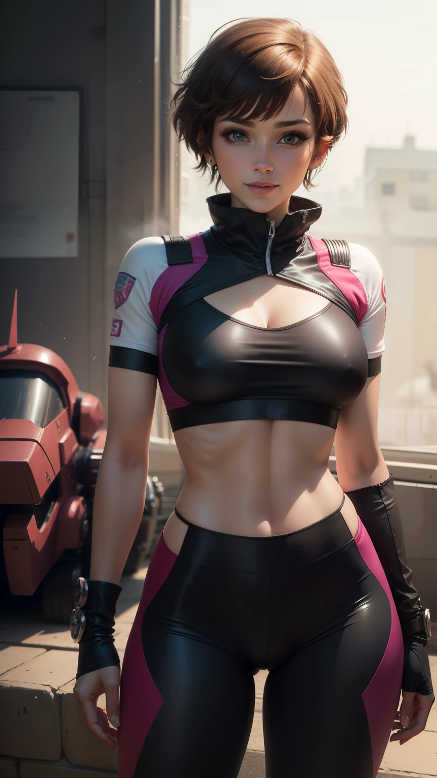 Gwen Tennyson,marcador,bulma,Rebecca Chambers,vigiar,Metrôt,1 garota,fechar-se,Japan,piloto mecha,gundam pilot, uniforme mecha,mechanical gear, espartilho pirata,blusa branca de lycra manga longa, legging branca,cabelo curto,gothic makeup,olhos verdes,cabelo laranja, mechas de cabelo roxo,shy smile, sardas,ruiva,Garota linda,seios grandes,ultra detalhado,Realista,arte de fantasia,