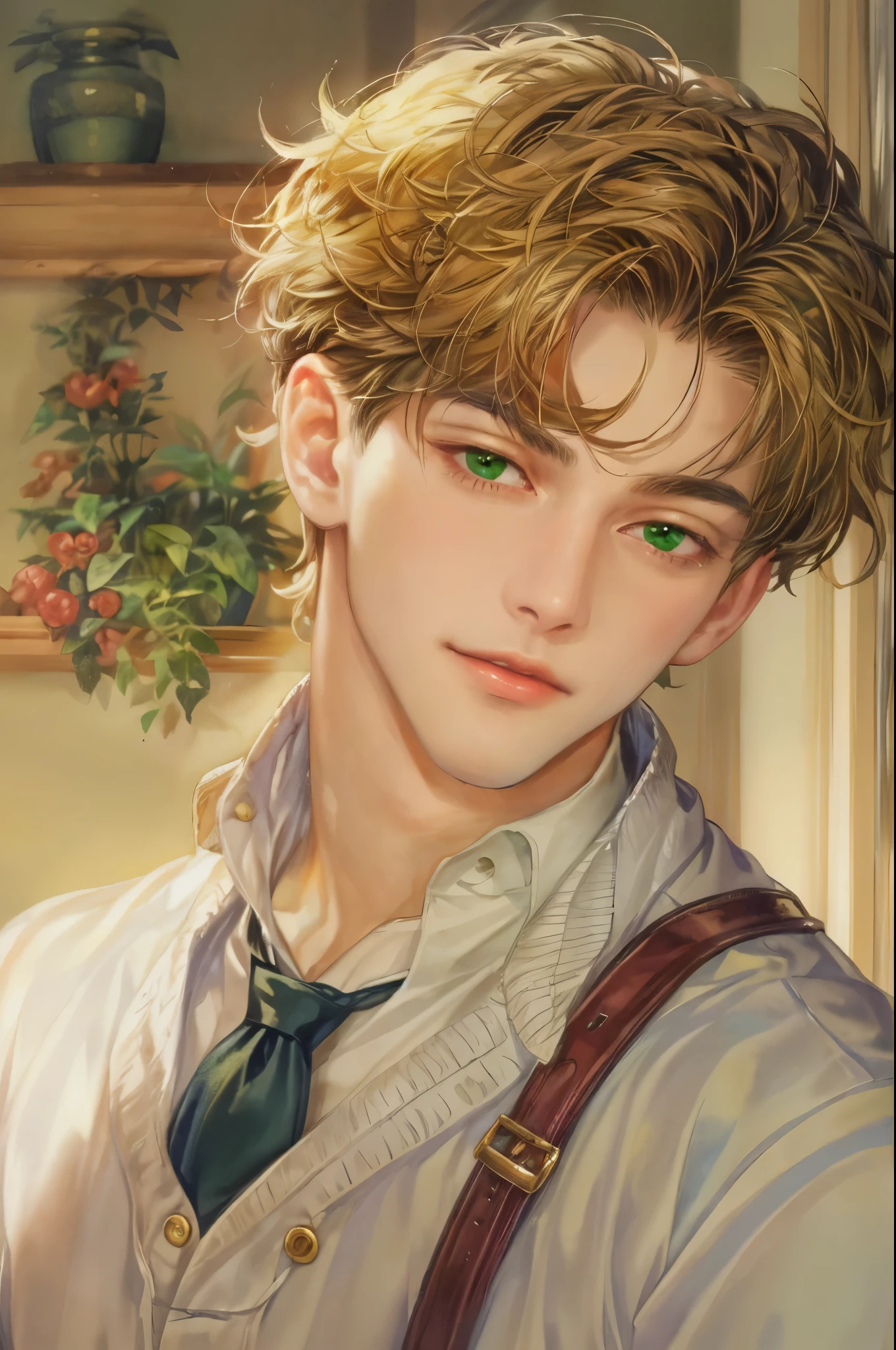 ((Best quality)), ((masterpiece)), (detailed), ((perfect face)), ((halfbody)) handsome face, male, boy, perfect proportions , short hair ((character from anne of green gables male version)) detailed interior, cozy home