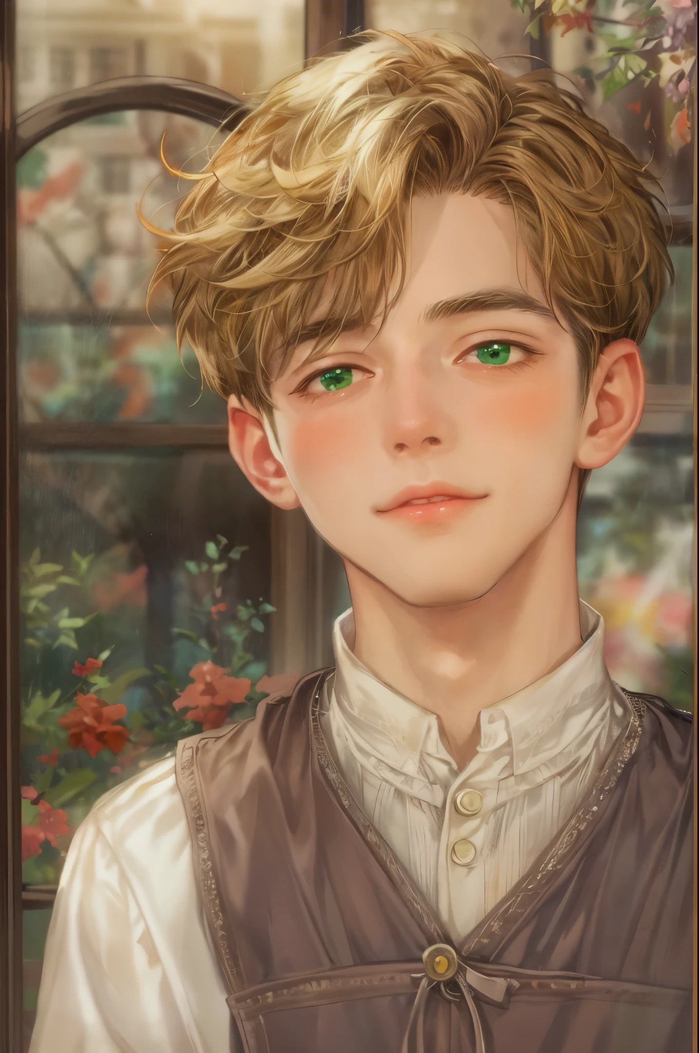 ((Best quality)), ((masterpiece)), (detailed), ((perfect face)), ((halfbody)) handsome face, male, boy, perfect proportions , short hair ((character from anne of green gables male version)) detailed interior, cozy home