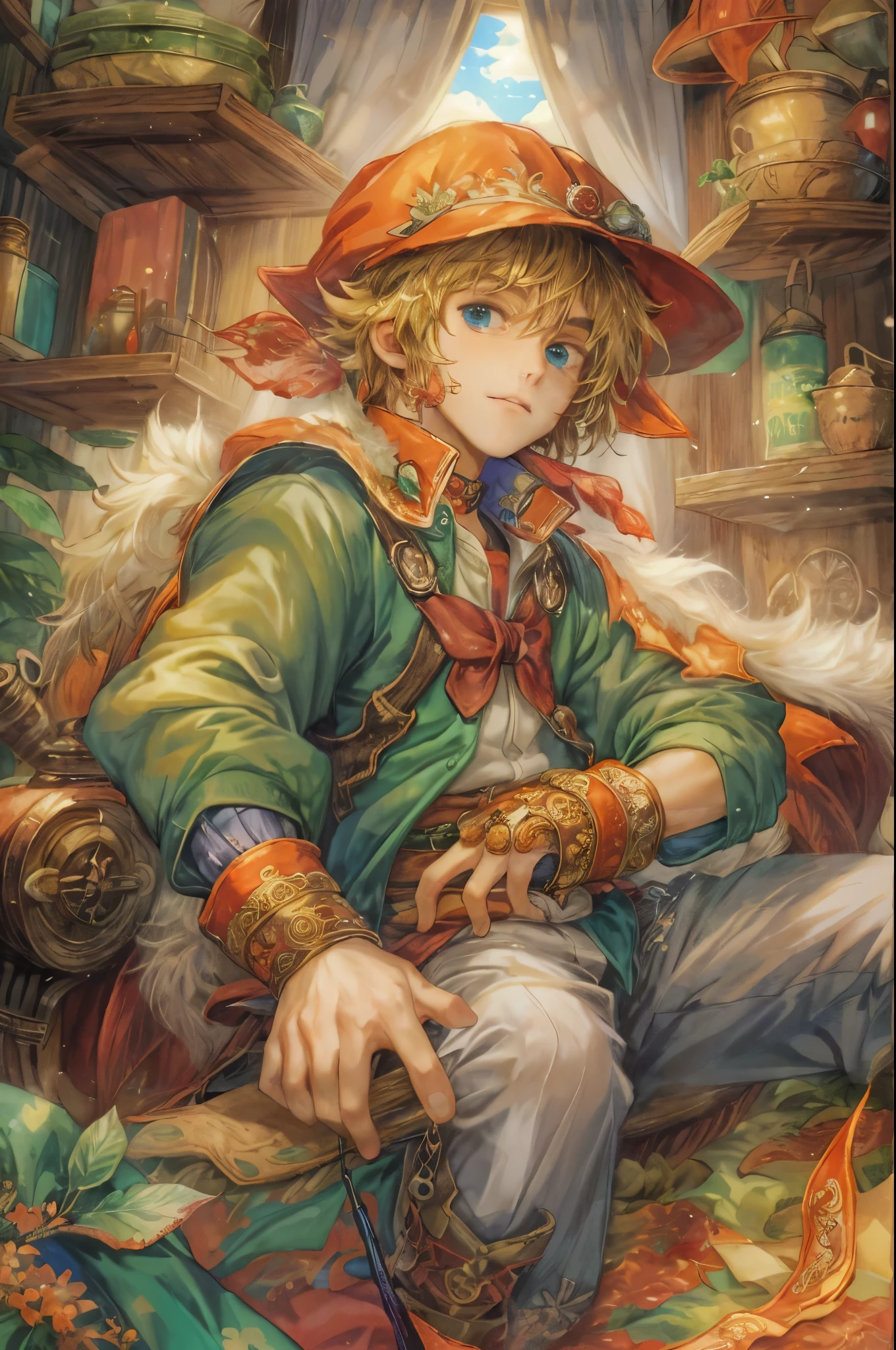 (((Best quality)), ((masterpiece)), (detailed), ((perfect face)), ((halfbody)) handsome face, male, , perfect proportions , colorful vibe ((character from legend of mana, male version)) wearing hat, detailed interior, cozy home