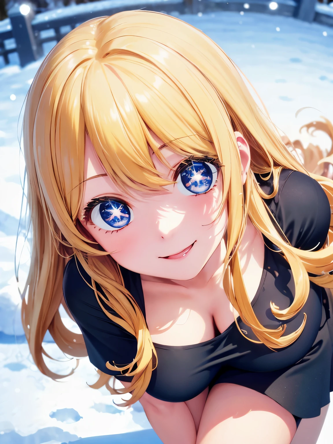 1woman,super beautiful,crawl,snowing,Smile, camera angle from above,Focus on face,Beautiful eyes, very detailed face, HD face, perfect face,black t-shirt,black mini skirt,Very big breasts,Blonde hair,long hair,wavy hair,bangs,blue eyes,ultra detail,ultra Hd, masterpiece,4k