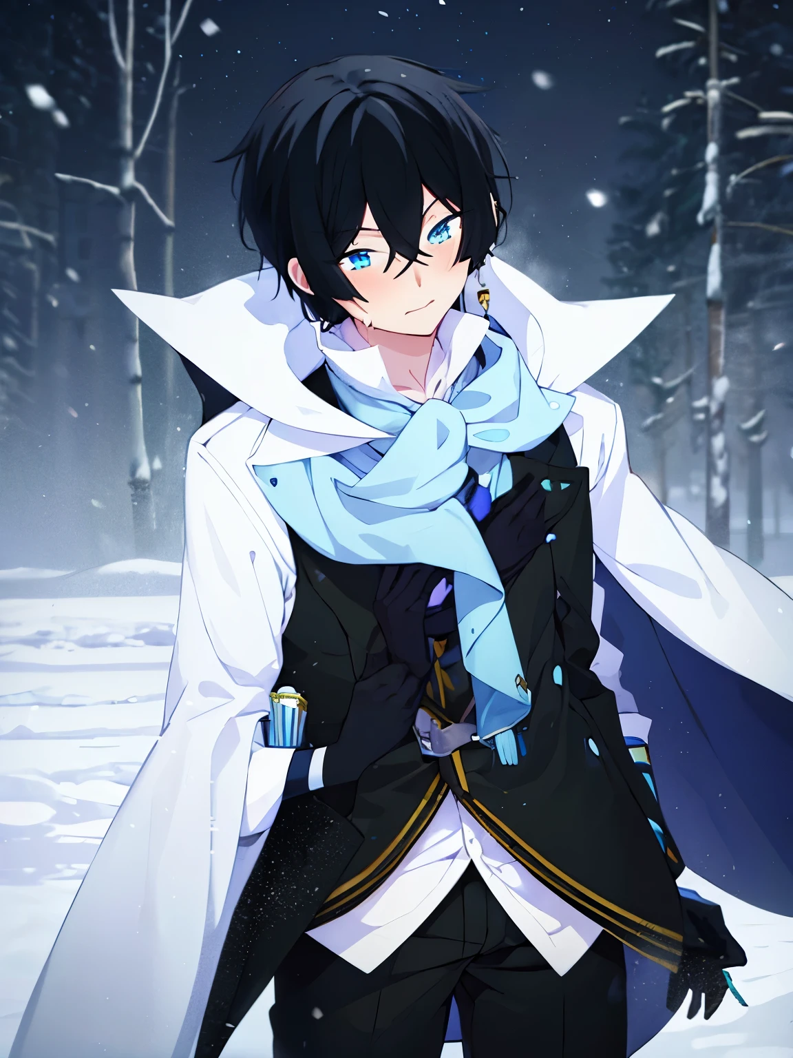1boy,vanitas no carte,Expression of panic, hysterics,,at he north pole, snow storm,half body photo