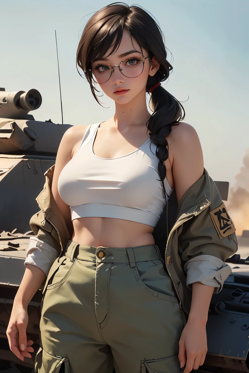 ((wide angle image)), beautiful female veteran, black hair in a ponytail, bangs, wearing large glasses, wounds, injuries, soft smile, (((wearing a white military tank top, layered with ww2 Oversized military uniform, Wearing ww2 military pants. Oversized, Off shoulders, Distressed, worn-out))), on the ww2 battlefield