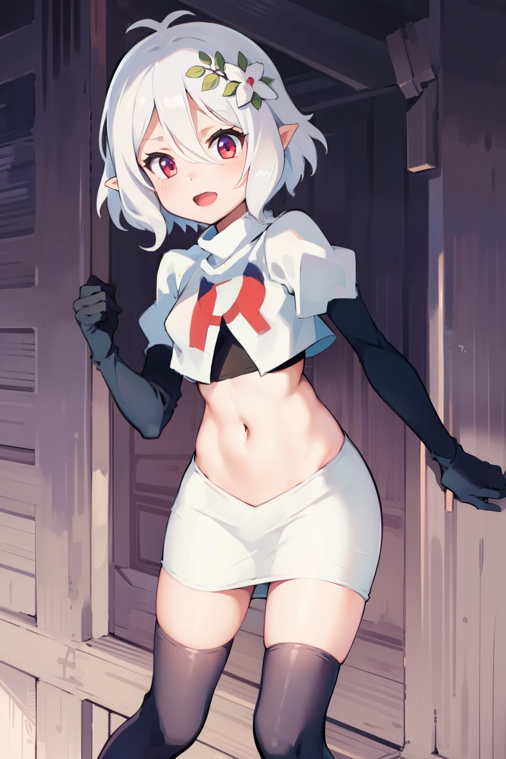kokkoro,team rocket,team rocket uniform,white skirt,red letter R,crop top,black thigh-highs,black elbow gloves
