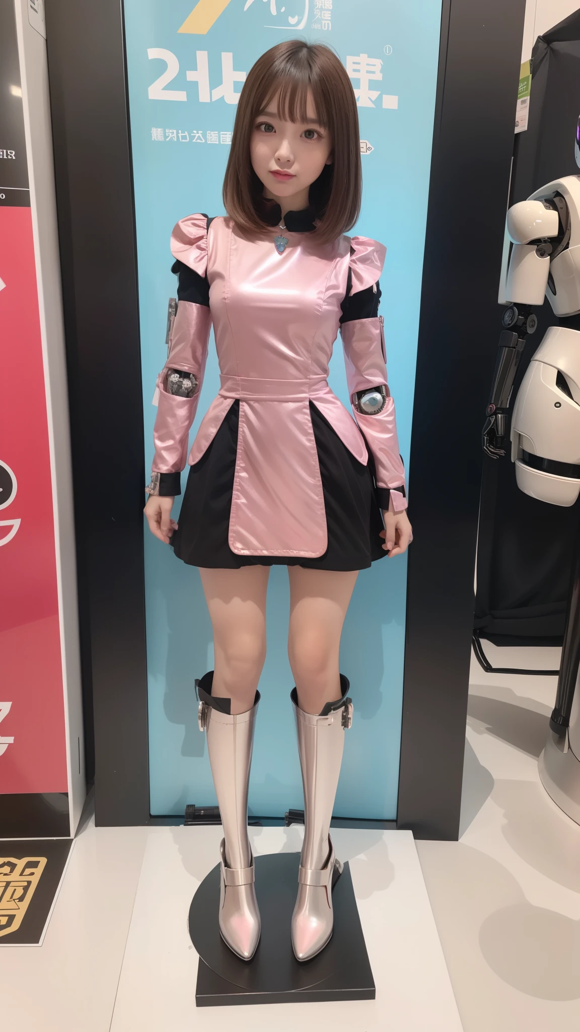 Robot Girl, pink there, Silver, Metallic body, Robot Parts, Metal Parts, Super Detailed Face, Super well-formed face, of the highest quality, a small face, a small head, Brown hair, Slender body, Camera gaze, Internal Mechanical Exposure, Idol, front facing, Well-proportioned body, sale, Exhibited, Event Hall, Moe Pose, pink metallic ta dress machine armor, Standing with legs open, Model body type, sad, Embarrassing,(Perfect Robot Girl),(Perfect machine body)