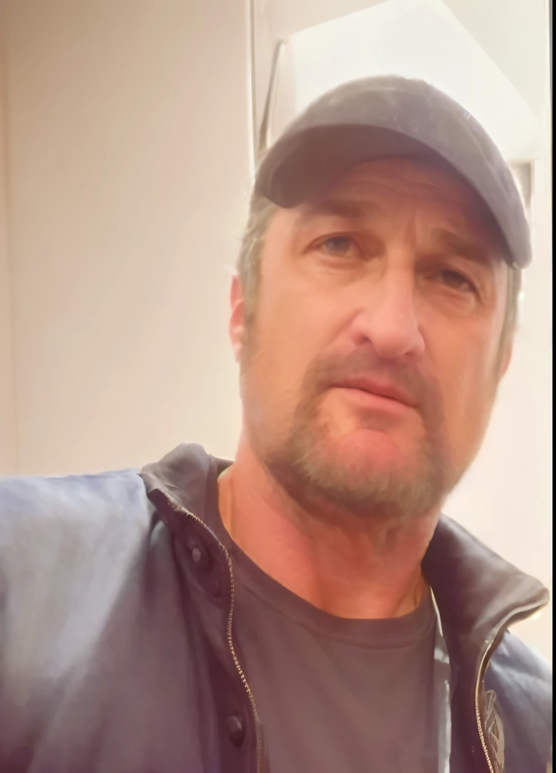 (Absurd realism, hdr, photography, realistic, real photography, masterpiece:1.1),Gerard Butler wearing a dark blue shirt and holding a brown jacket, Instagram status, selfie, Scottish man, Scottish man in Edinburgh, hyper detailed face, beautiful detailed eyes, beautiful detailed lips, extremely detailed face, long eyelashes, confident expression, trendy fashion, handsome appearance, urban city background, vibrant colors, warm lighting, photo of a 50-year-old white man, profile photo, taken in the early 2020s, profile pic, profile image, trending photo, Instagram post, scruffy looking.
